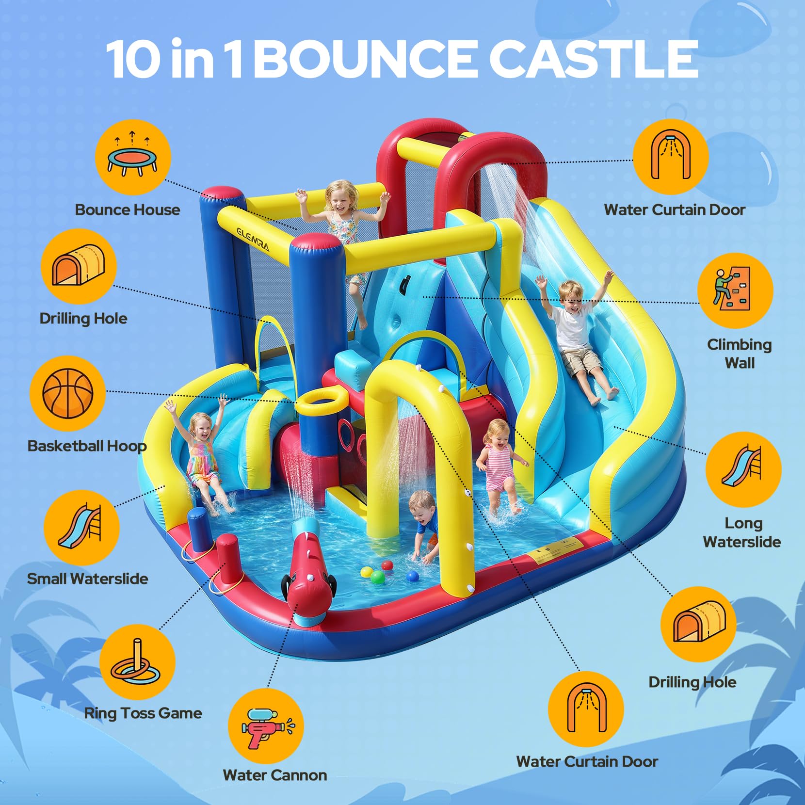 ELEMARA 10 in 1 Inflatable Water Slide Bounce House, Inflatable Bounce House with Blower, Dual Slides & Climbing Walls & Ring-toss Game & 2 Water
