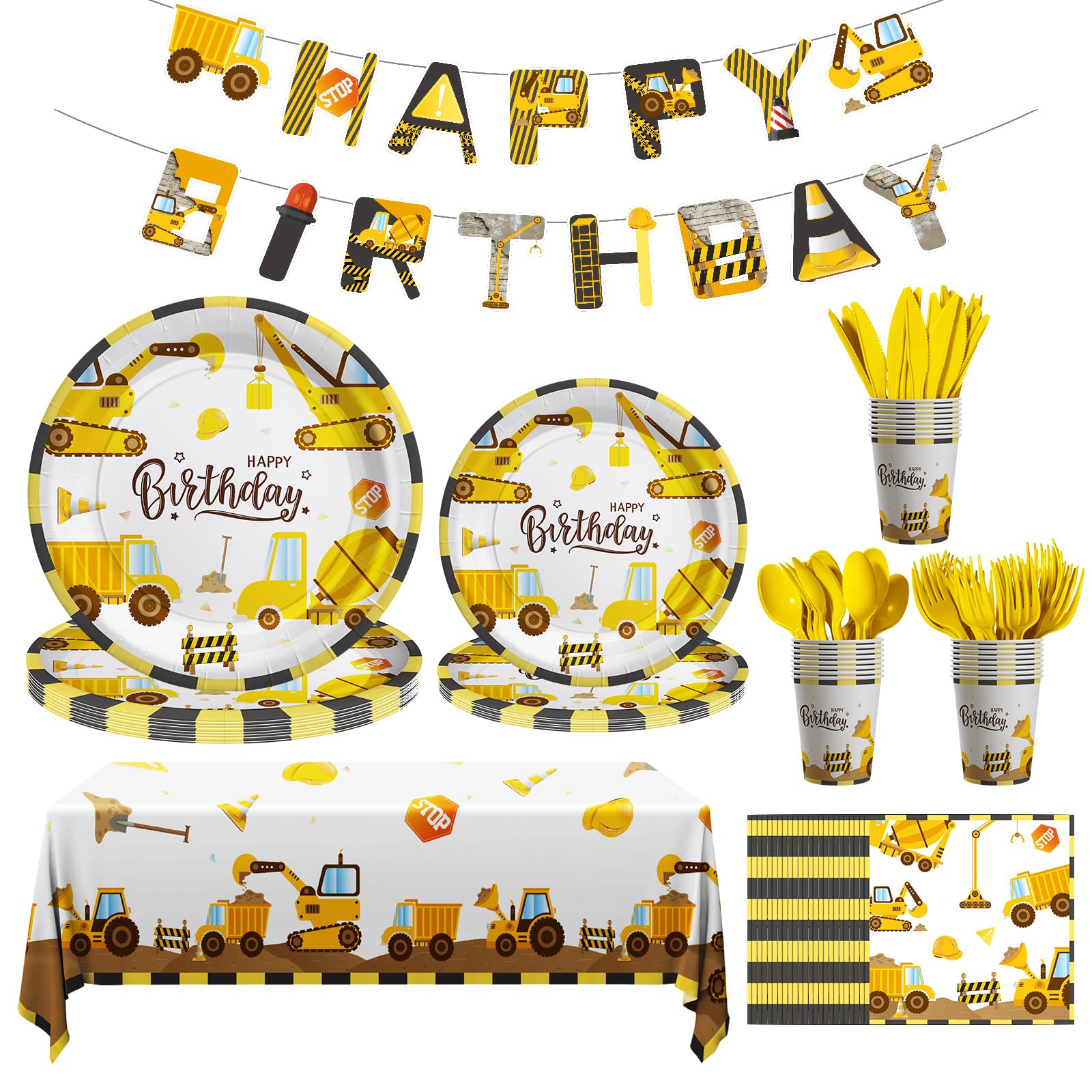 Cecnamt Construction Birthday Decorations, 170 Pcs Construction Birthday Party Supplies Including Banner, Plates, Cups, Napkins, Cutlery