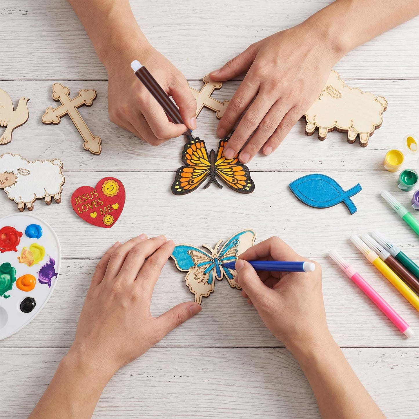 Danquanuan 48 Sets Sunday School Crafts for Kids, DIY Coloring Wooden Cutouts Magnets Watercolor Pens, Religious Gifts Christian Easter Crafts