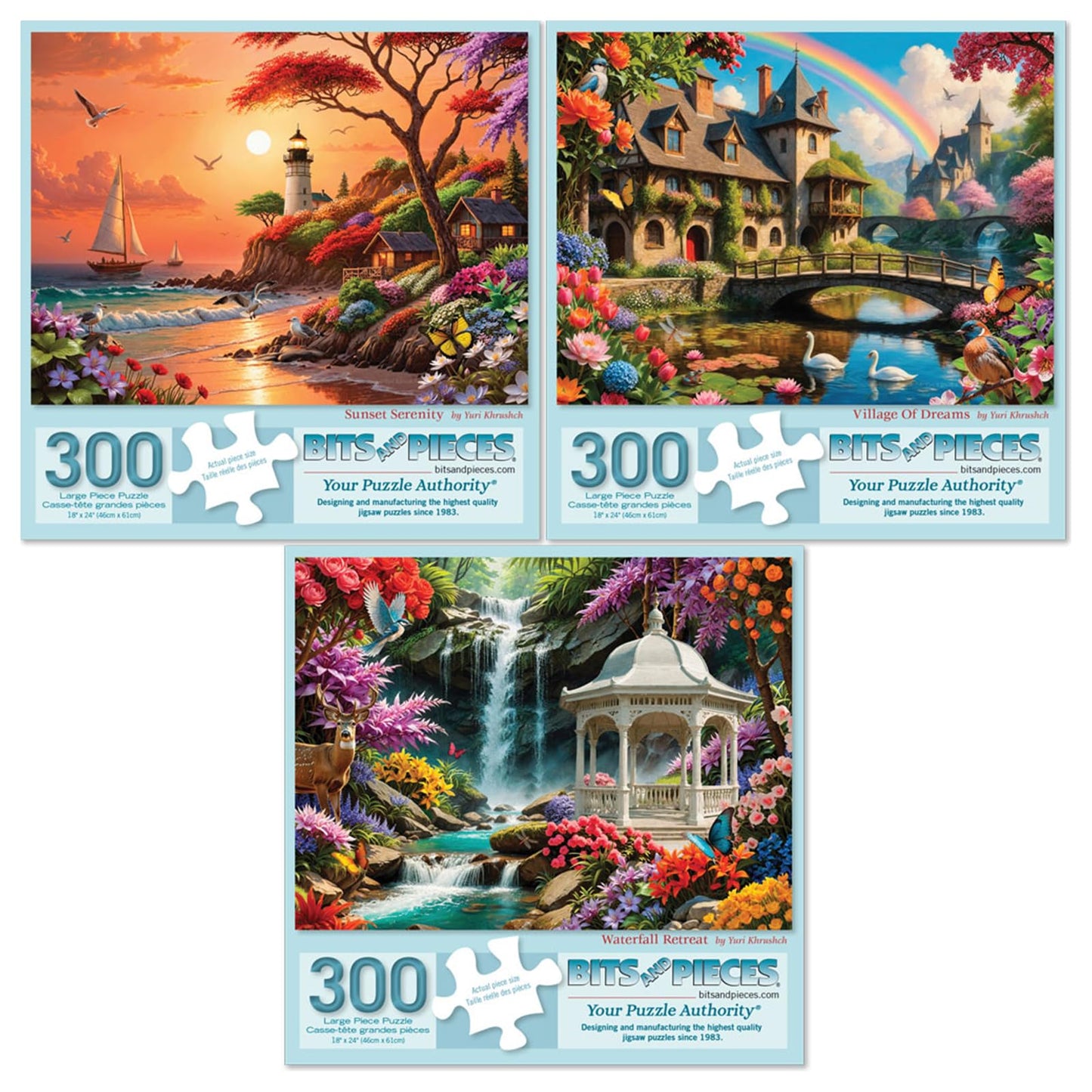 Bits and Pieces 3 Jigsaw Puzzle Set - 300 Piece Puzzles for Adults - Fantasy Landscapes - 18" x 24" Jigsaw Puzzles - Sunset Lighthouse Waterfall