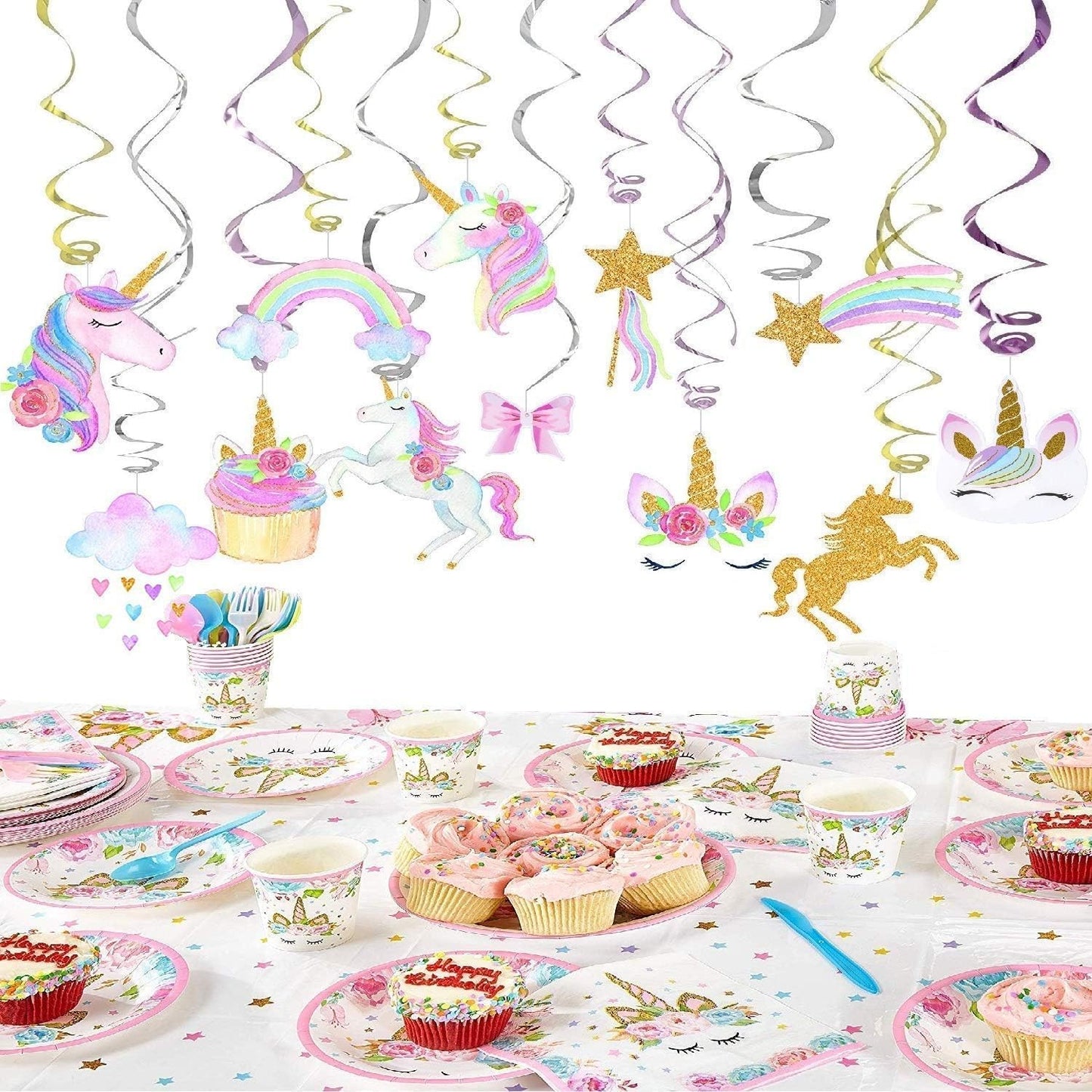 Kocici Unicorn Birthday Decorations, Rainbow Unicorn Party Supplies with Banner and Hanging Swirls for Girls Birthday Party