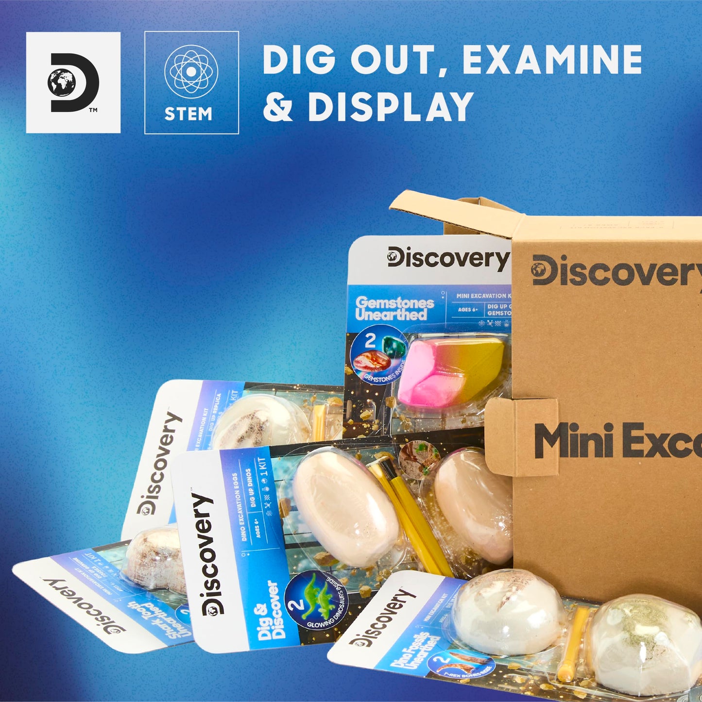 Discovery Mini Excavation Kit 8-Pack, STEM Science Dig Kit with 16 Hidden Discoveries, Genuine Gemstones, Shark Teeth, Dinosaur Fossils & Glow