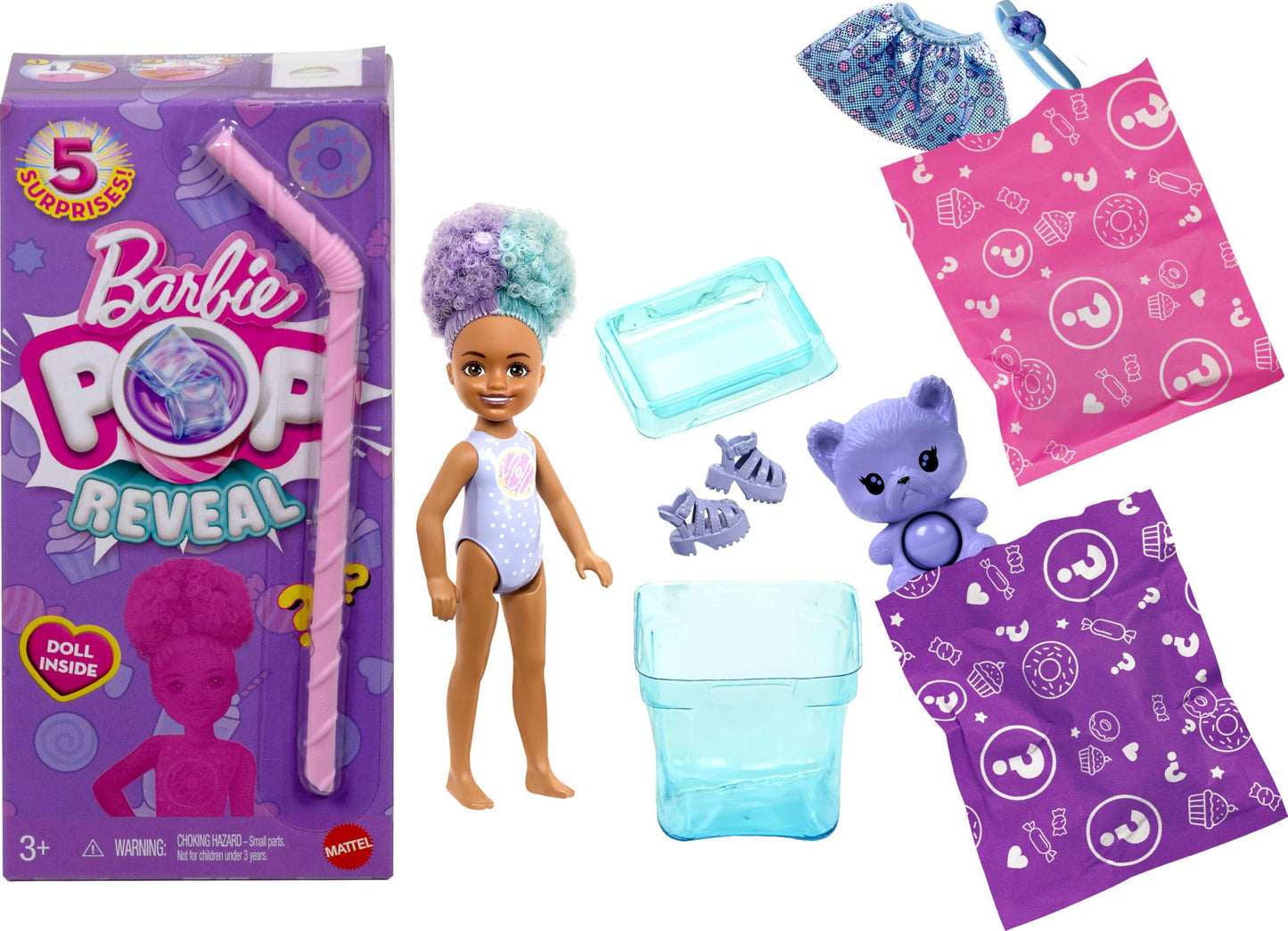 Barbie Chelsea Pop Reveal Doll Set, Treat Series with 5 Surprises Including Scented Small Doll, Pop-It Pet & Color Change (Styles May Vary)