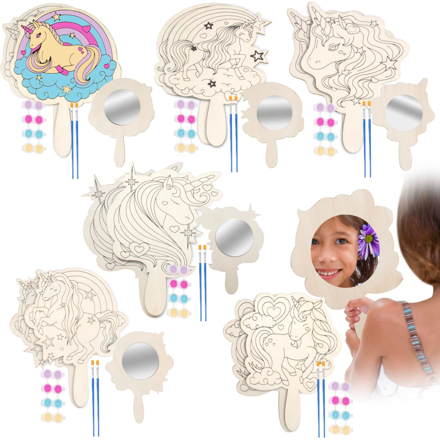 Idiy Paint Your Own Unicorn Mirror Craft Kit for Kids (12 Pack) - 12 Individually Wrapped Wooden Mirrors with Paint Set & Brush for Summer Camp