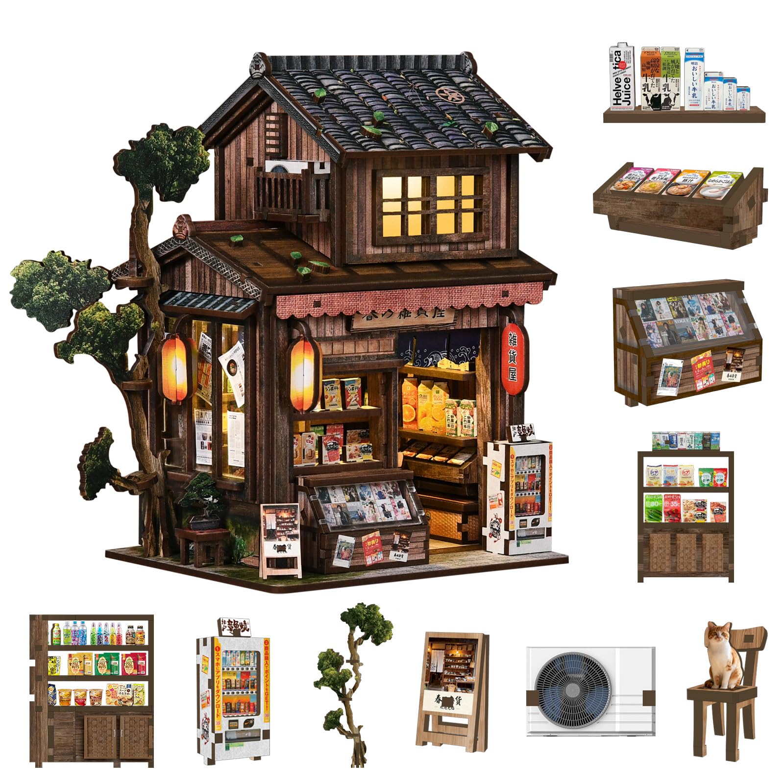 BETESINE Book Nook Kit for Adults 14+, Japanese Miniature House with LED Light and Dust Cover, DIY 3D Wooden Puzzle Bookshelf Insert Decor, Creative