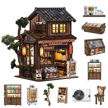 BETESINE Book Nook Kit for Adults 14+, Japanese Miniature House with LED Light and Dust Cover, DIY 3D Wooden Puzzle Bookshelf Insert Decor, Creative