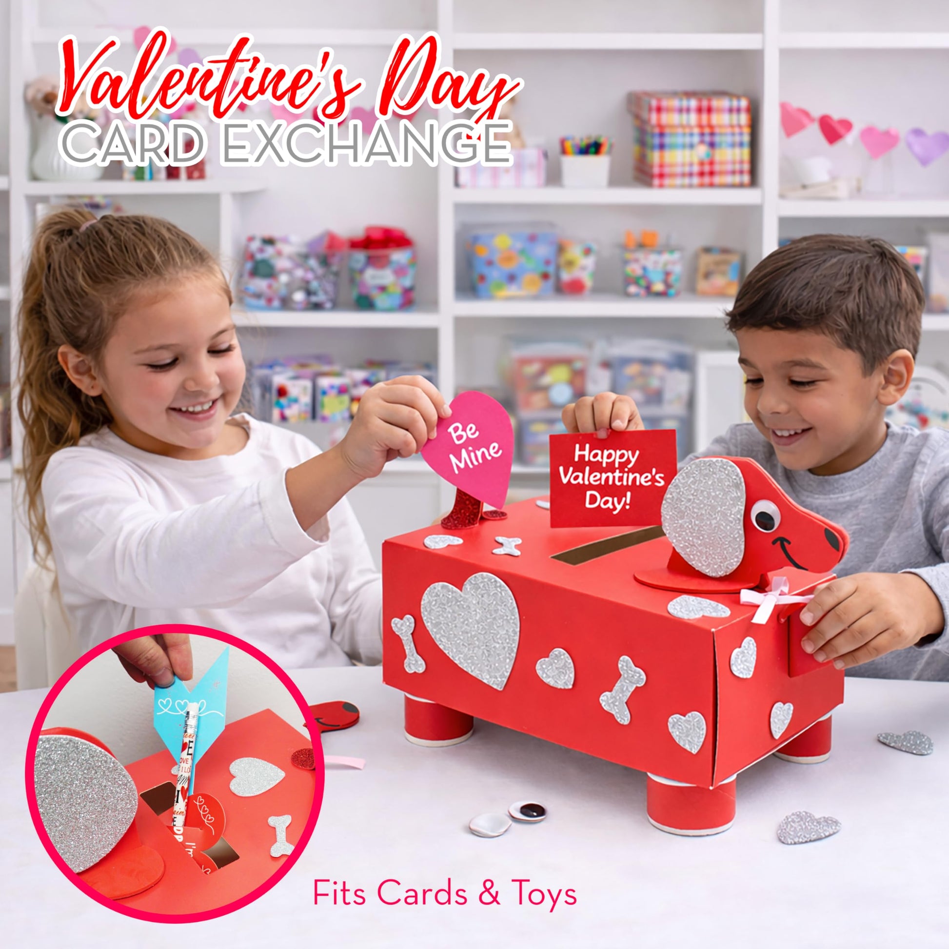 4E's Novelty DIY Valentines Mailbox for Kids - Valentines Day Card Box Craft Kit - DIY Dog Mailbox with Foam Stickers - School Mailbox Classroom