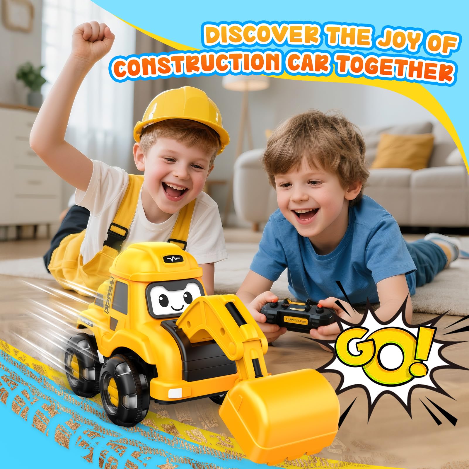 Toyjolka Toddler Remote Control Car with Flashing Light Wheels for 2 3 4 5 6 Year Old Boys Girls, USB Rechargeable Construction Excavator Toy