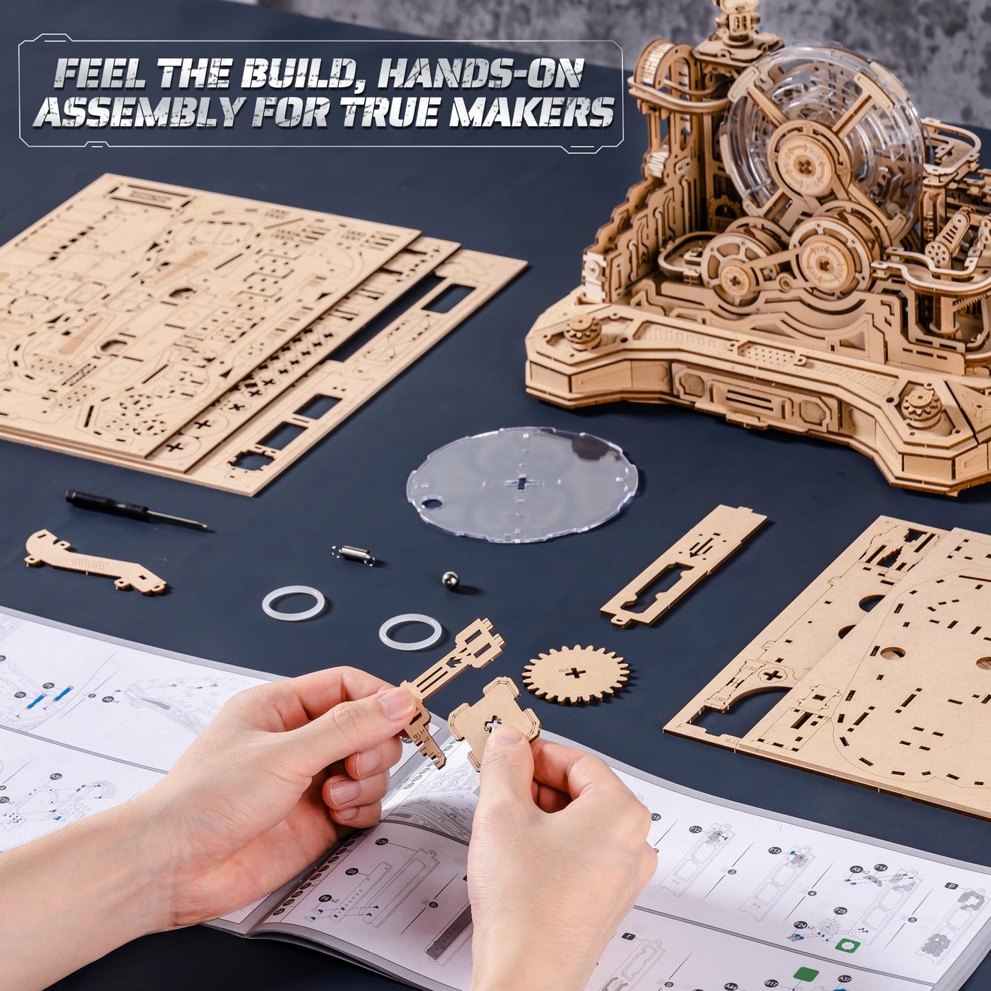 ROBOTIME 3D Wooden Puzzles Marble Run Set - 3D Puzzles for Adults-Mechanical Model Kit for Adults - Model Building Kits - Space/STEM/Engineering Gift