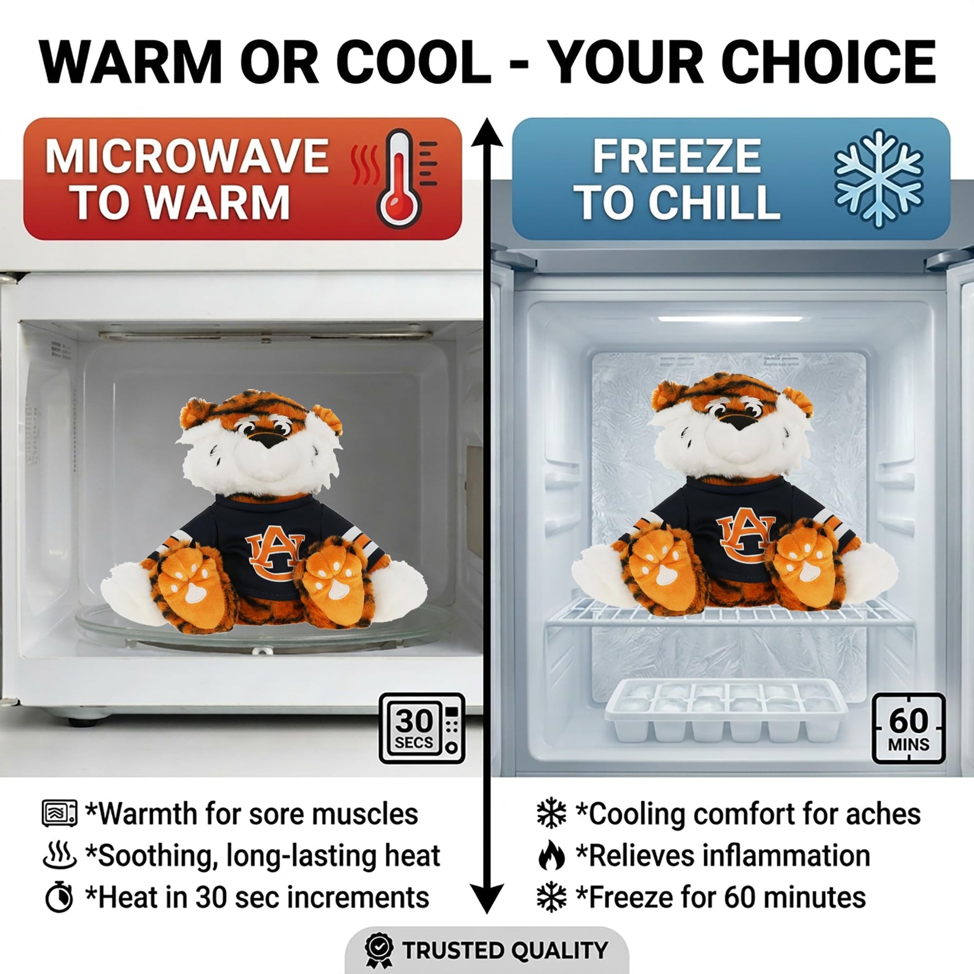 Warm Pals Aubie the Tiger Auburn University Mascot AU - Heatable Coolable Bedtime Comfort Plushie - 1.5lbs - Cozy Microwavable Lavender Scented Plush