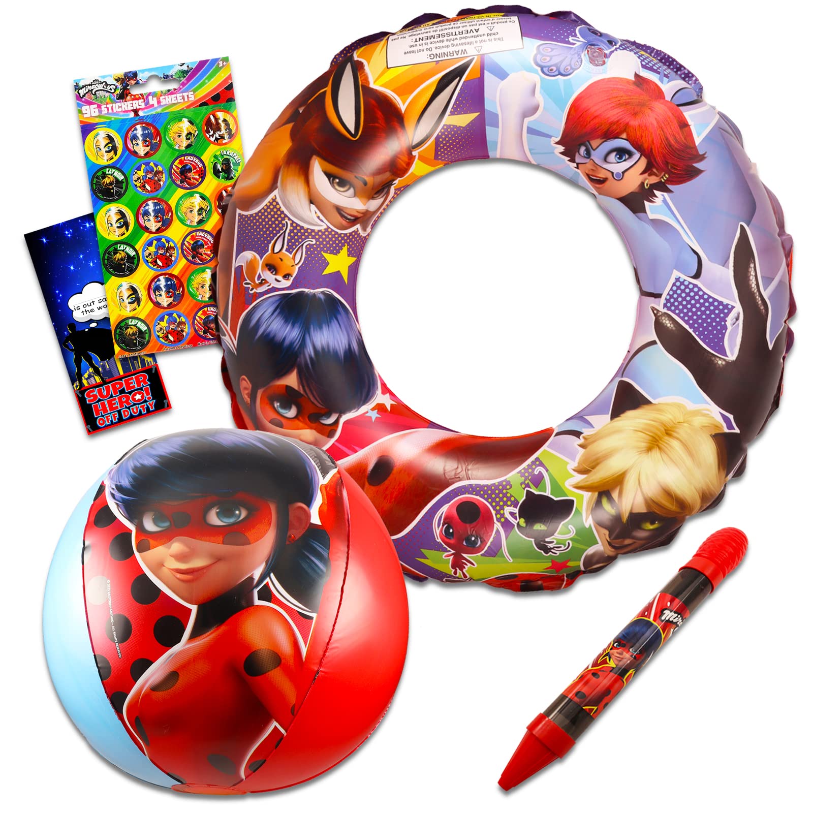 Miraculous Ladybug Pool Toys Set - 5 Pc Miraculous Ladybug Beach Bundle with Beach Ball, Swim Ring, Water Blaster, Stickers and More