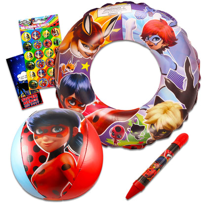Miraculous Ladybug Pool Toys Set - 5 Pc Miraculous Ladybug Beach Bundle with Beach Ball, Swim Ring, Water Blaster, Stickers and More