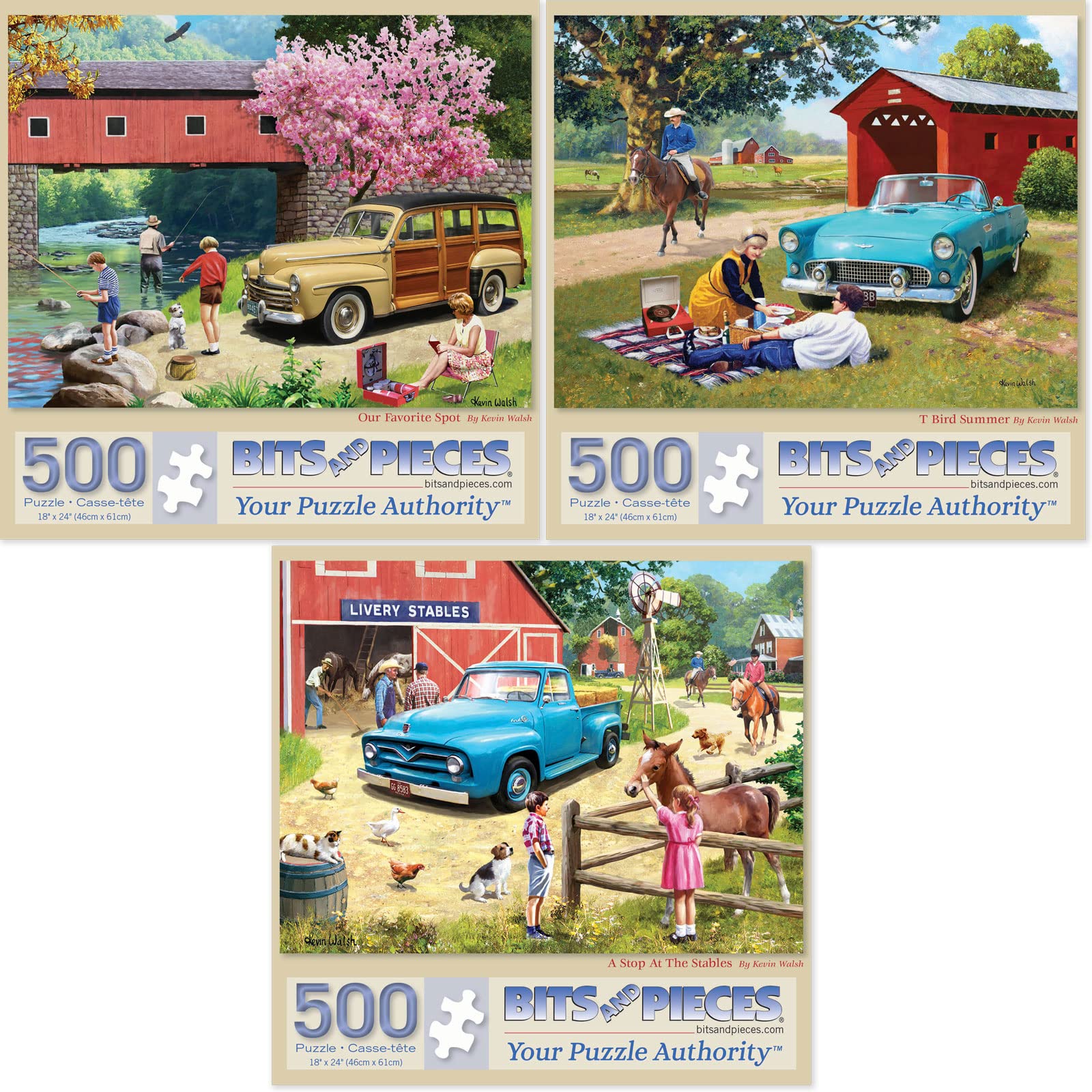 Bits and Pieces 3 Jigsaw Puzzle Set - 500 Piece Puzzles for Adults - Vintage Cars Set - 18" x 24" Jigsaw Puzzles - Summer Country - Random Die Cut