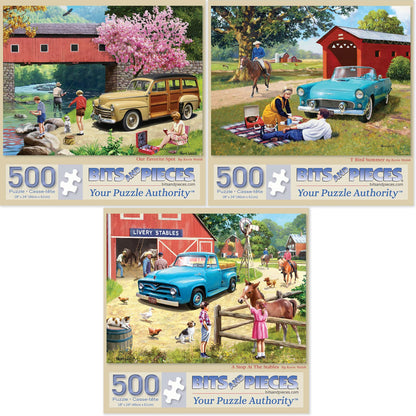 Bits and Pieces 3 Jigsaw Puzzle Set - 500 Piece Puzzles for Adults - Vintage Cars Set - 18" x 24" Jigsaw Puzzles - Summer Country - Random Die Cut