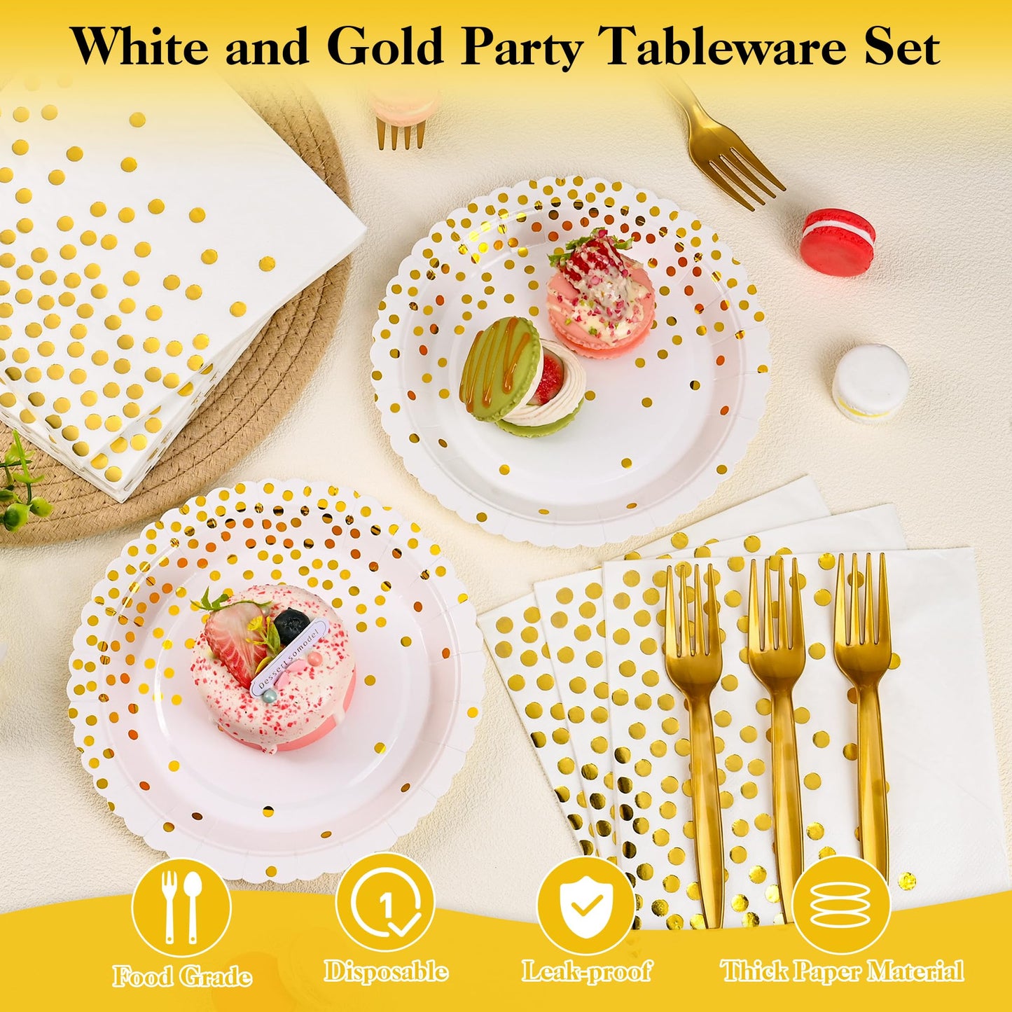 90 Pcs White and Gold Plates and Napkins Party Supplies, Scalloped Gold Polka Dots Tableware Set Include White Gold Dot Cake Dessert Plates, Napkin