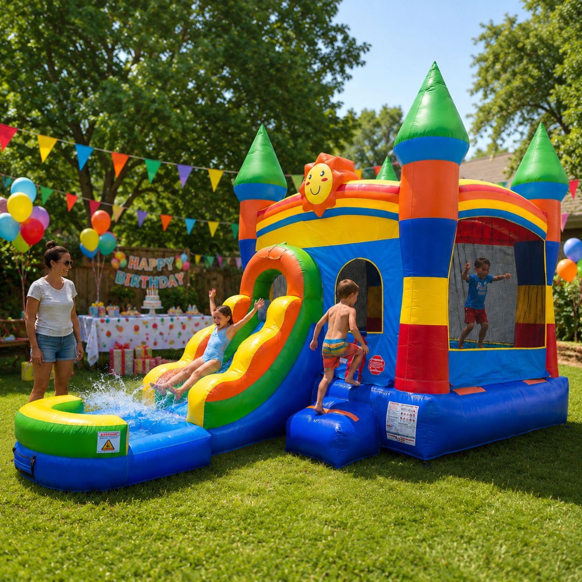 Pogo Bounce House Inflatable Jump Castle Water Slide & Pool, Rainbow Sun