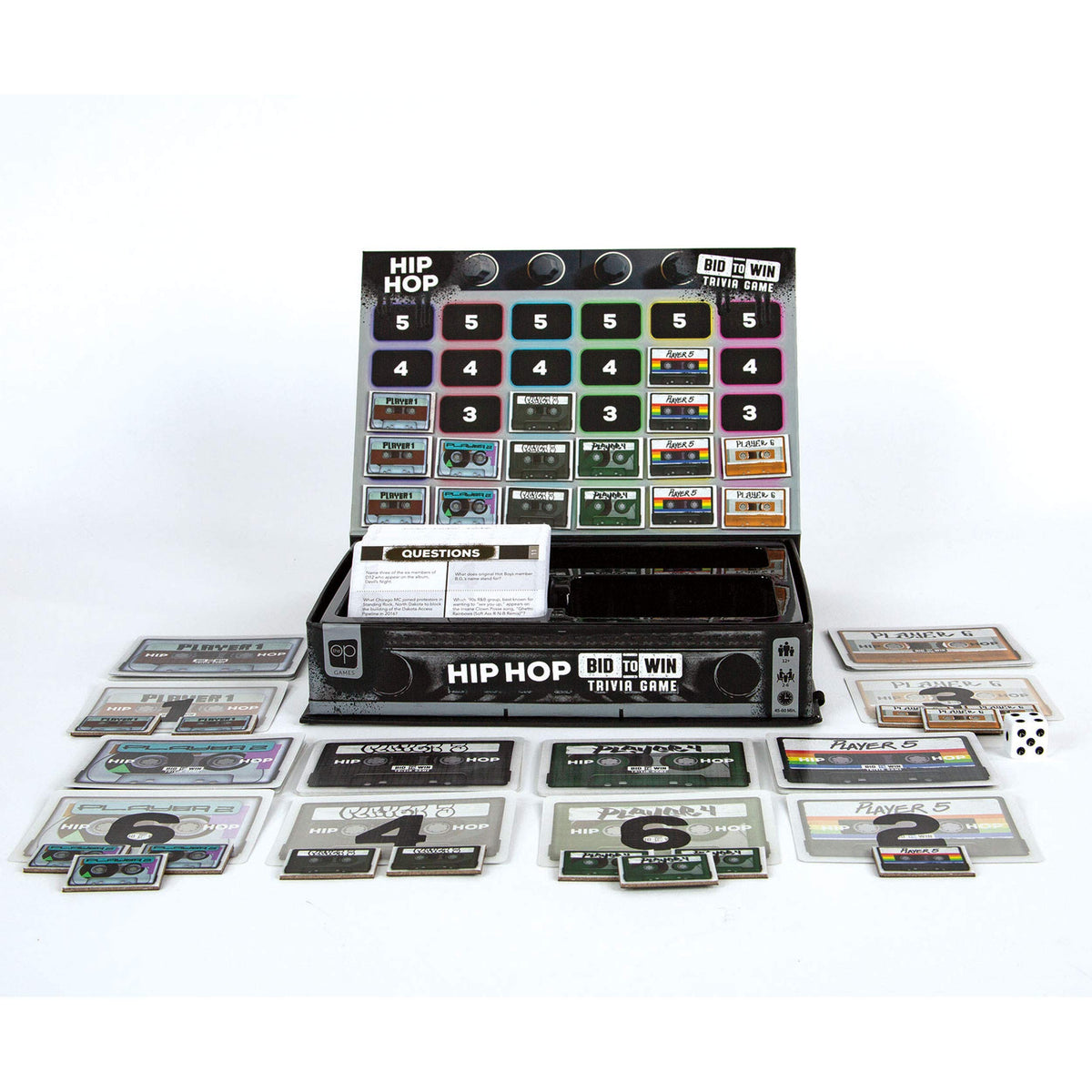 USAOPOLY Hip Hop Bid to Win Trivia Game | Music Board Game Featuring 600 Questions with a Hip Hop Trivia Theme | Custom Game Box Converts from Boom