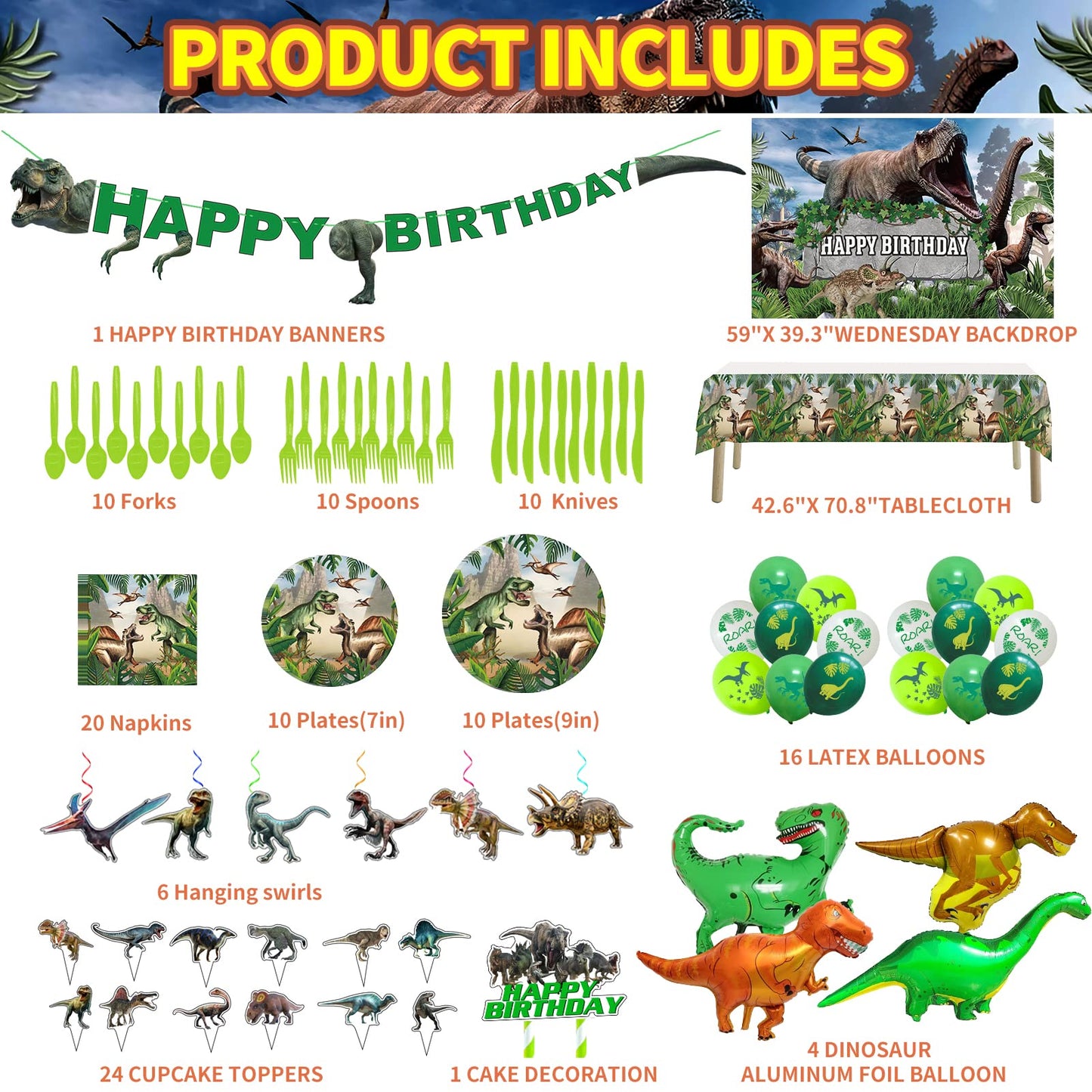 Dinosaur Themed Birthday Party Decoration Kit - Includes Backdrop, Tablecloth, Birthday Banner, Cake/Cupcake Toppers, Hanging Swirls, Disposable