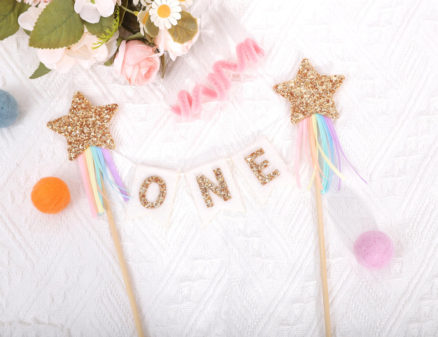 Gold Star Rainbow Cake Topper - First Birthday Pastel Rainbow Cake Topper, Shooting Star Cake Pick, Girl 1st Birthday Cake Decoration, Little Princess