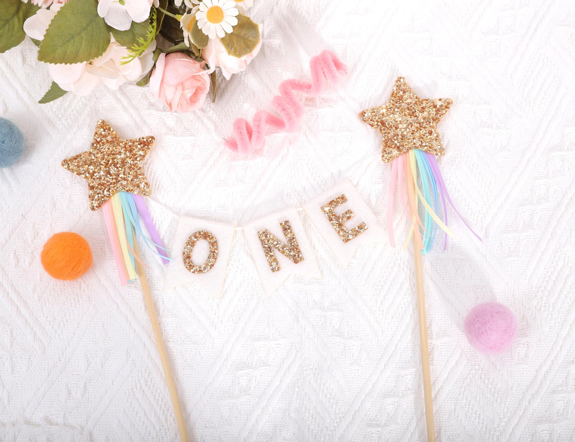 Gold Star Rainbow Cake Topper - First Birthday Pastel Rainbow Cake Topper, Shooting Star Cake Pick, Girl 1st Birthday Cake Decoration, Little Princess