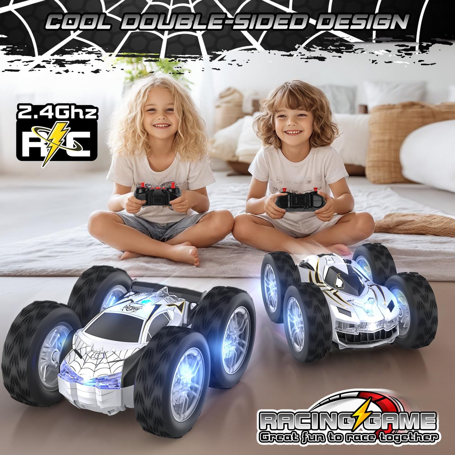 Double Sided Remote Control Car for Kids Boys 4-7, Spider RC Flip Stunt Car with Changeable Lights, Easter Birthday Gift for 3 4 5 6 7 8 9 Year Old
