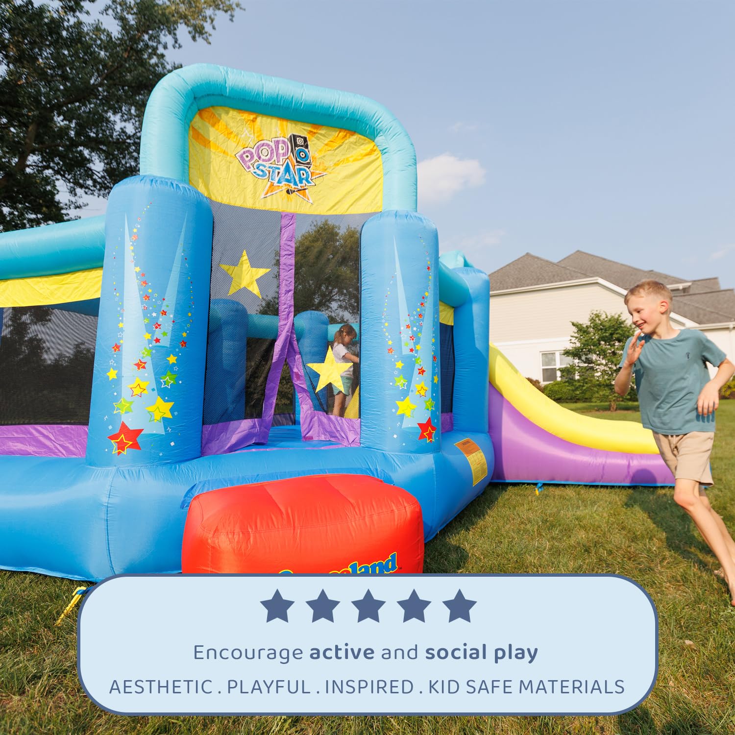 Bounceland Pop Star Inflatable Bounce House Bouncer, Large Bouncing Area with Long Slide, Climbing Wall, Basketball Hoop, UL 1HP Blower Included, 15