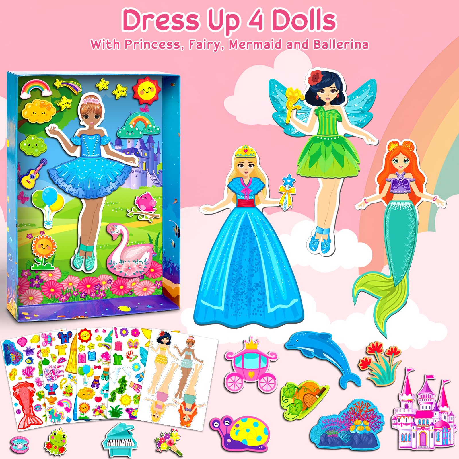Magnetic Dress Up Dolls Girls Toys Princess Mermaid Fairy Ballerina Fridge Magnets Puzzles Toddlers 3-5 Pretend Play Car Road Trip Airplane Travel