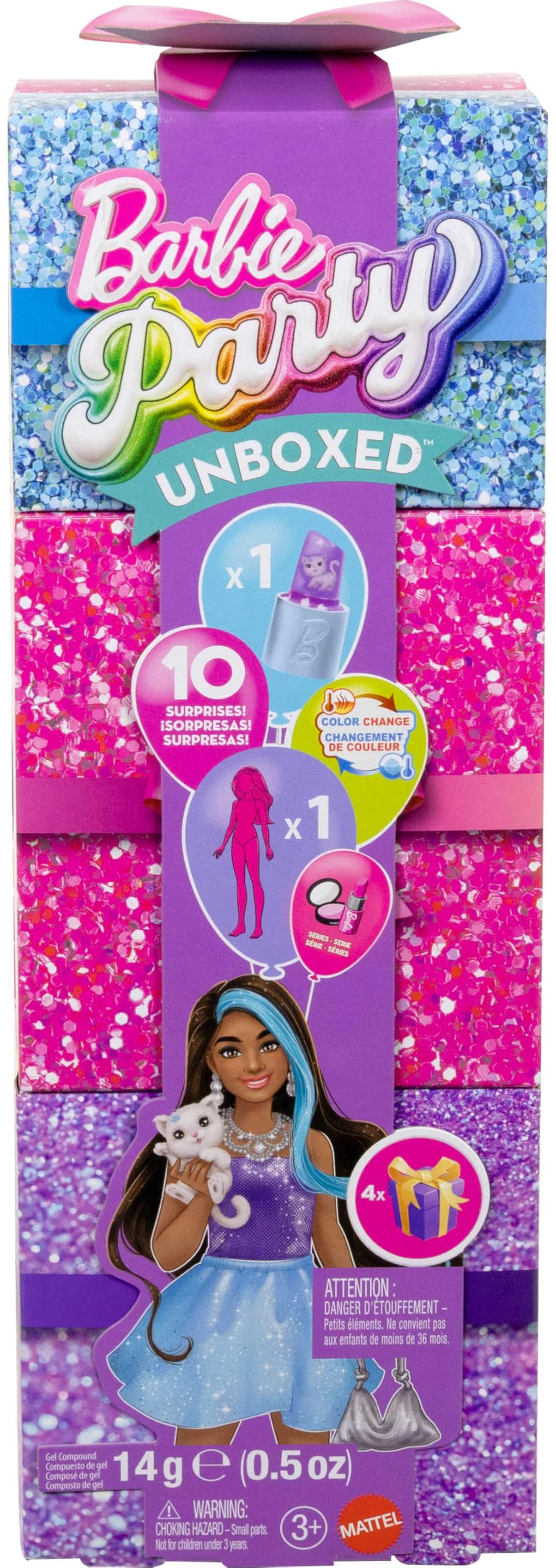 Barbie Party Unboxed Doll & Accessories, Glam Party Series with 10 Surprises Including Color-Change, Purple Sparkle Doll