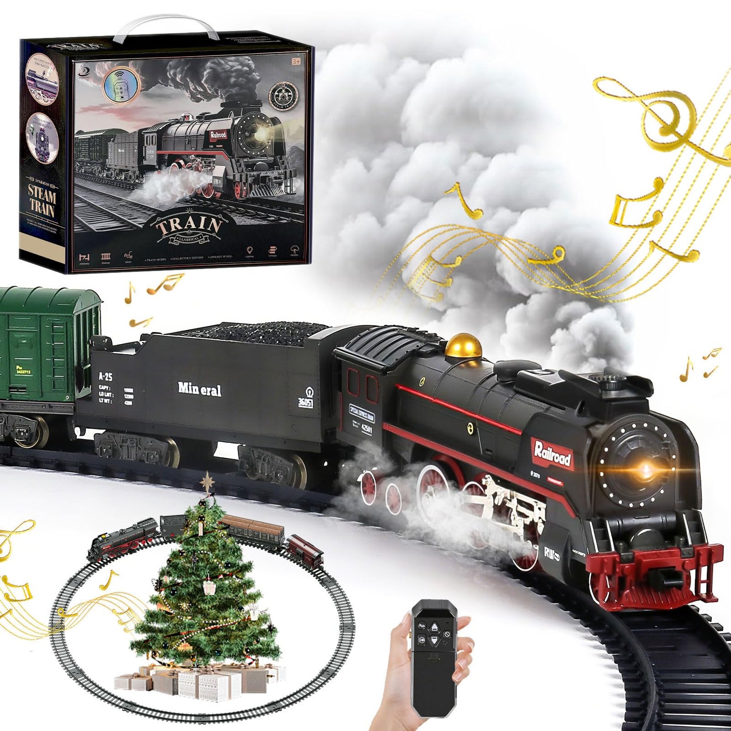 Christmas Electric Remote Control Train Set with Smoke, Lights, Sound, Locomotive, Cars and Remote Carriage, 3 Smoke Outlets, USB Rechargeable,