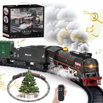 Christmas Electric Remote Control Train Set with Smoke, Lights, Sound, Locomotive, Cars and Remote Carriage, 3 Smoke Outlets, USB Rechargeable,