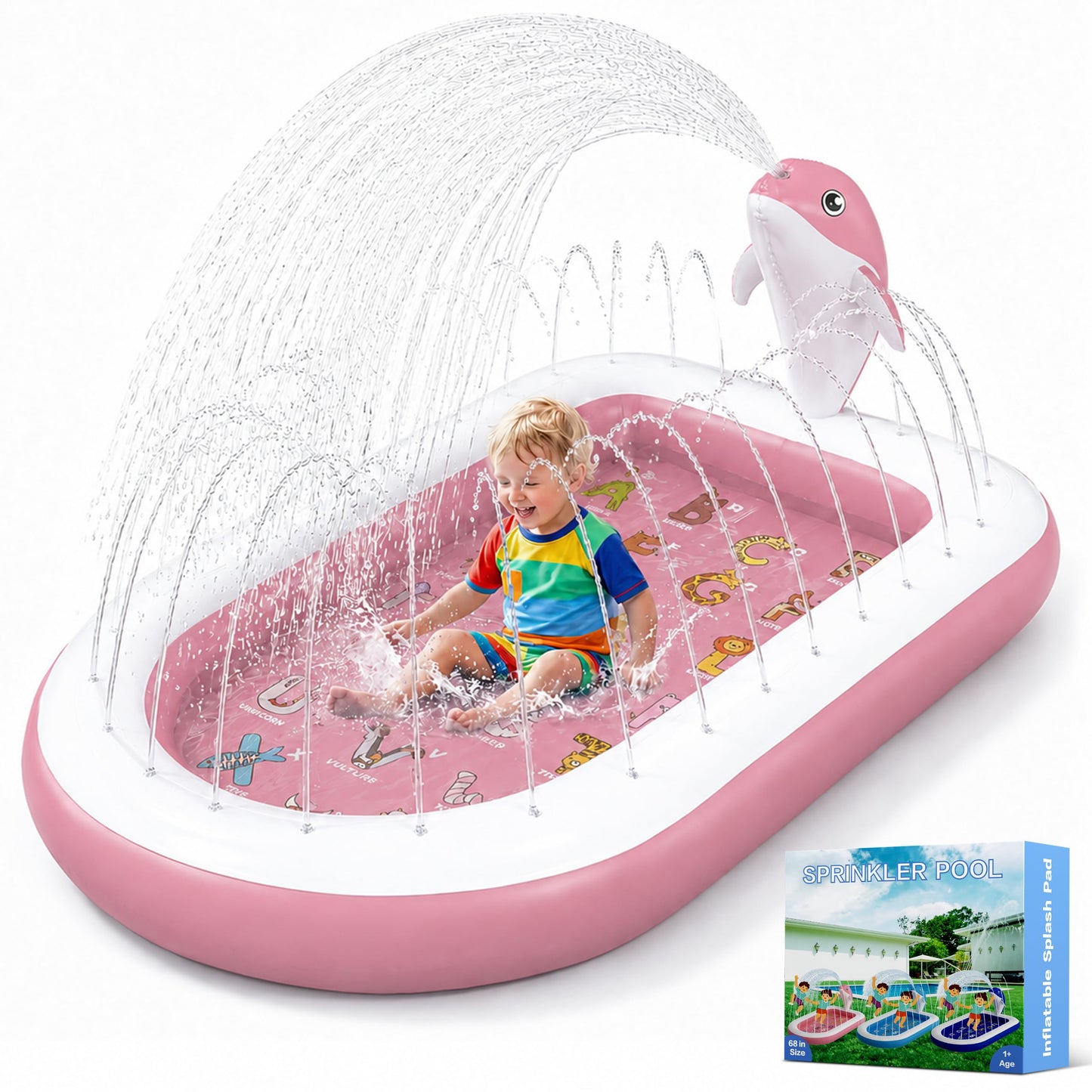 Splash Pads for Toddlers 1-3, Dolphin Toy Sprinkler for Kids, Outdoor Play Mat for Babies, 68" Backyard Inflatable Kiddie Pool, Splash Pad for Kids