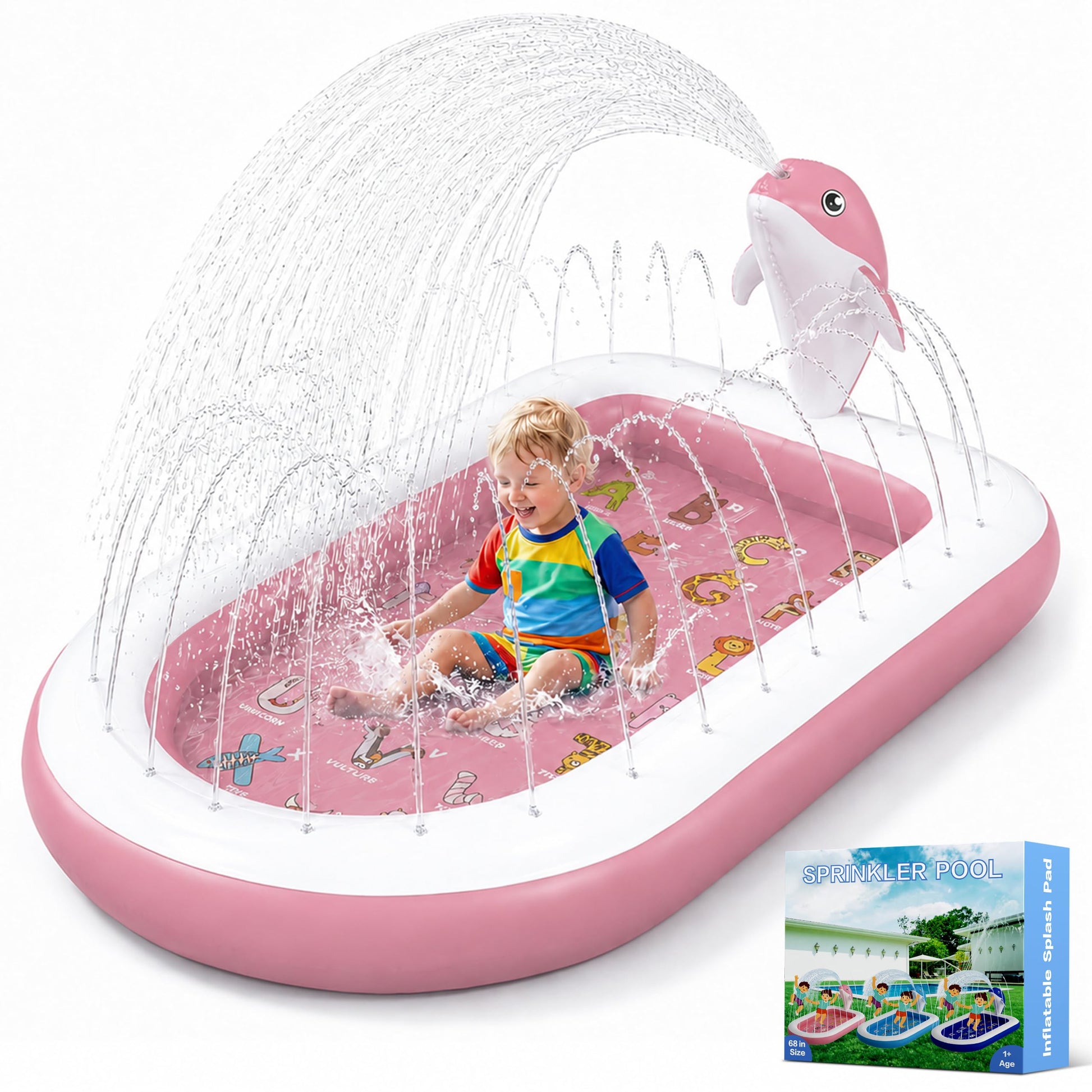 Splash Pads for Toddlers 1-3, Dolphin Toy Sprinkler for Kids, Outdoor Play Mat for Babies, 68" Backyard Inflatable Kiddie Pool, Splash Pad for Kids