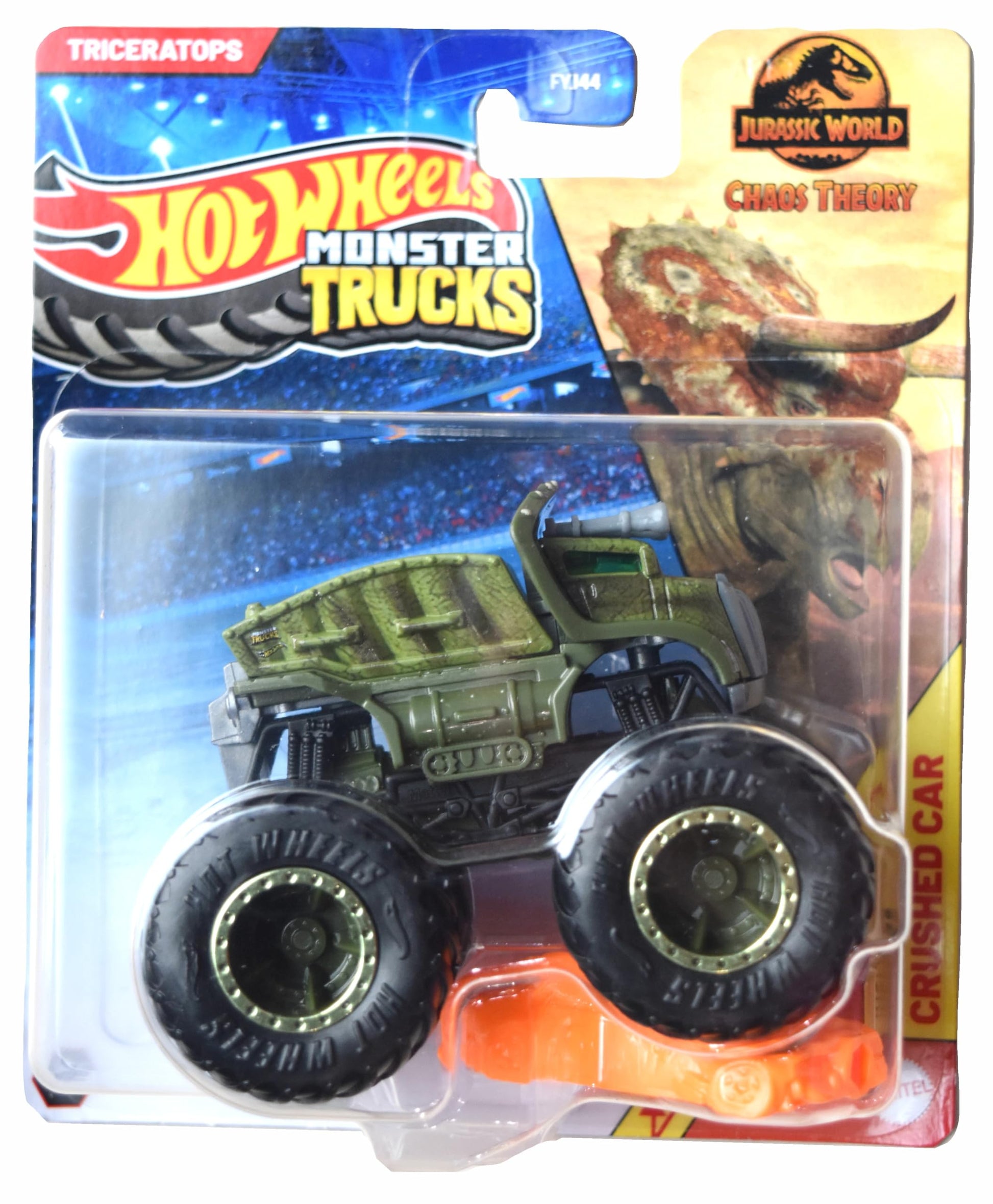 Hot Wheels Monster Trucks Triceratops, 1:64 Scale Includes Crushed Car