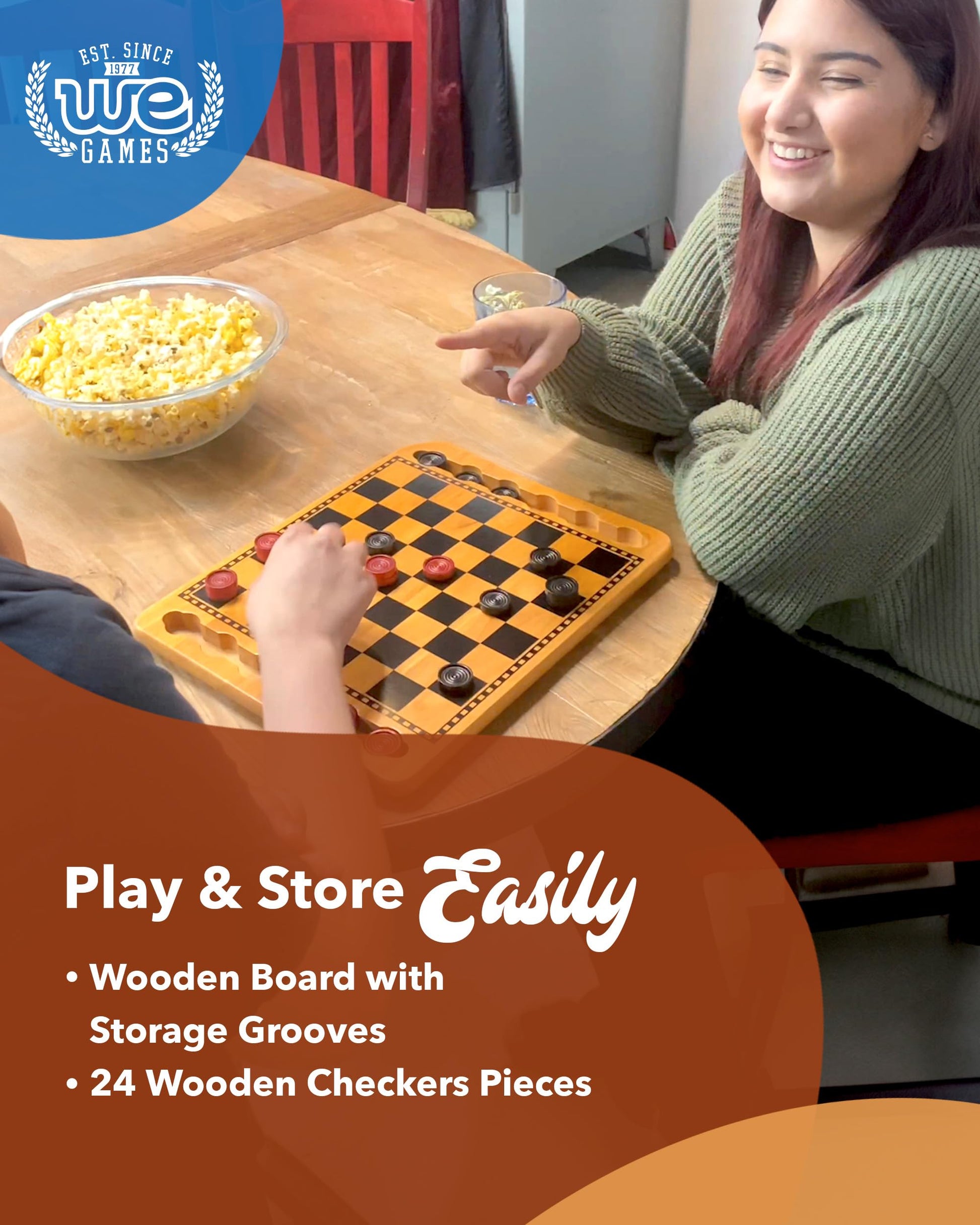 WE Games Solid Wood Checkers Board Game - 14.5-Inch Vintage Checkers Set with Inset Grooves & 24 Red & Black Board Game Pieces - Fun Family Table Game