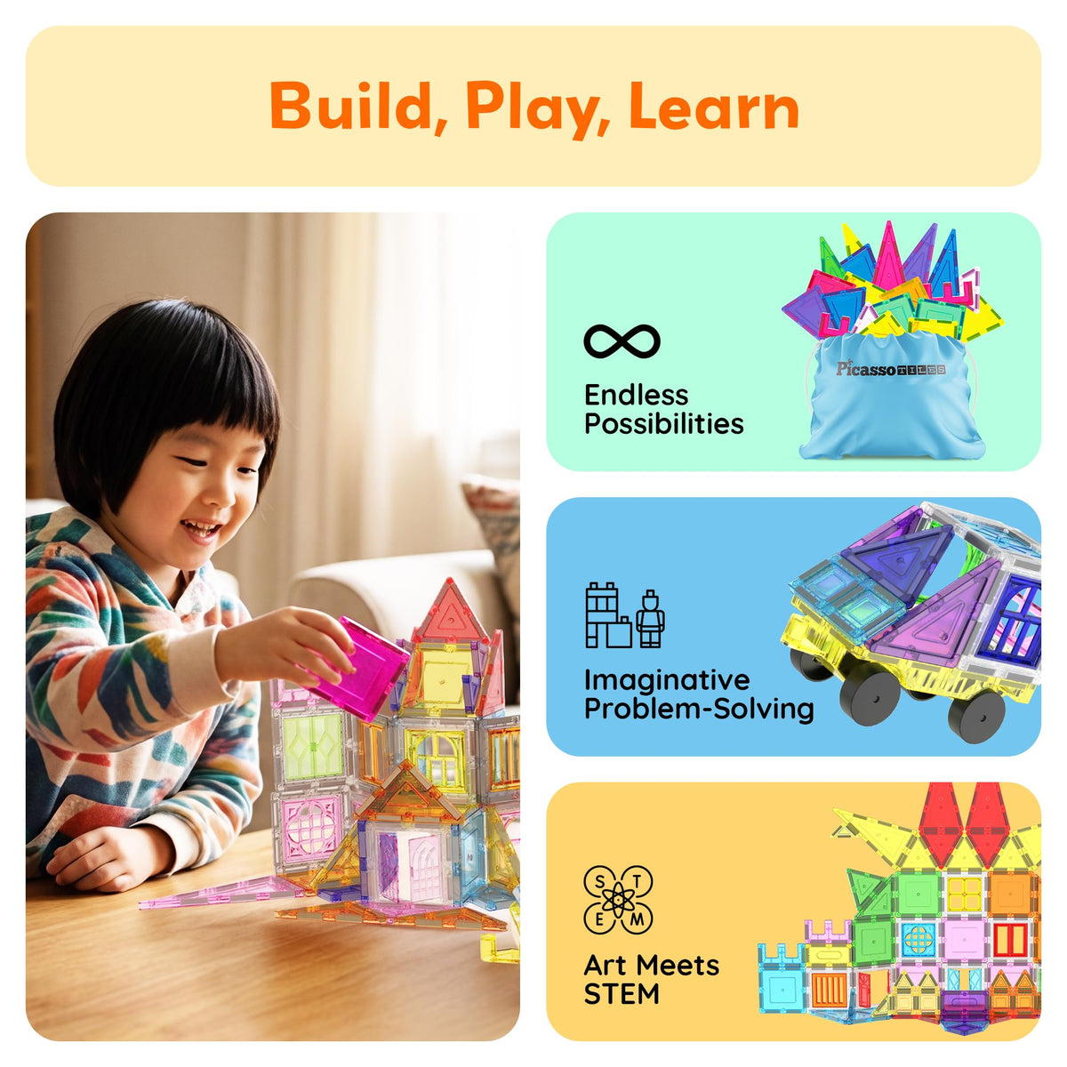 PicassoTiles 100PC Full Size & Travel Magnetic Tile Playset with Toy Bag
