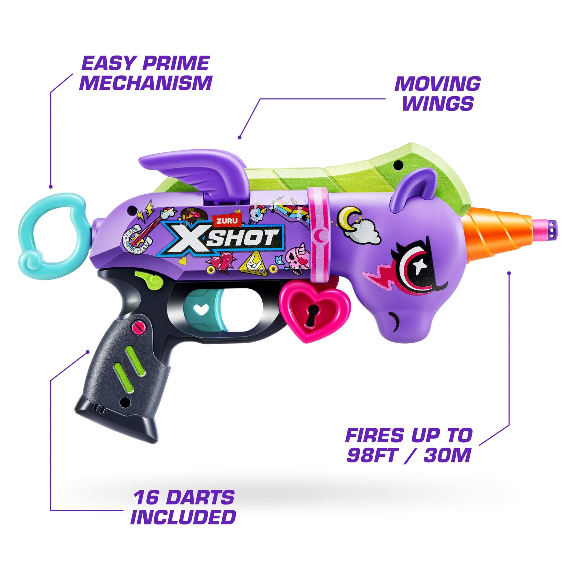 XSHOT Blastercorn 2-Pack by ZURU - Unicorn-Themed Dart Blasters in White & Purple with Flapping Wings, 32 Air Pocket Darts & 90ft Range, Outdoor Toy