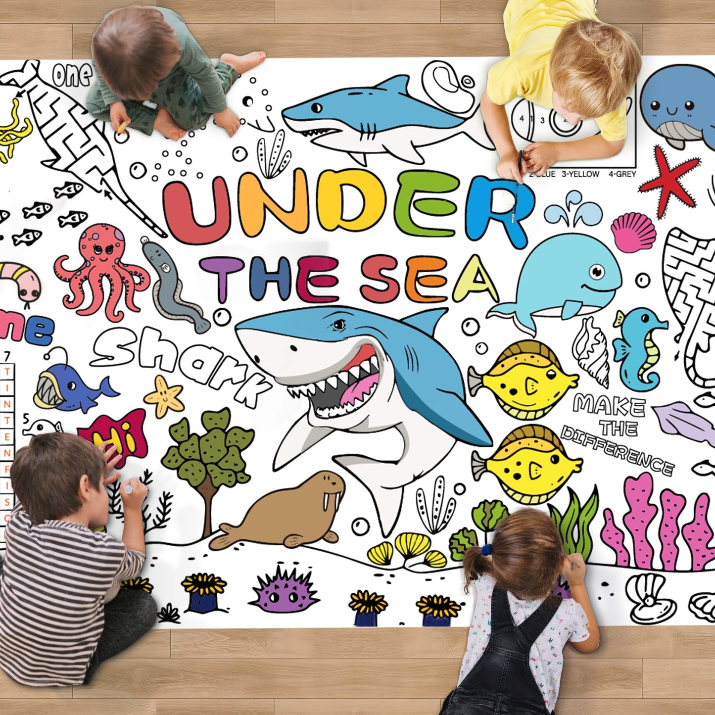 PURPLIZATION Under The Sea Party Decorations Coloring Tablecloth & Giant Poster 30x72 Inch - Ocean Theme Kit with Treasure Hunt Game, Sea Animal