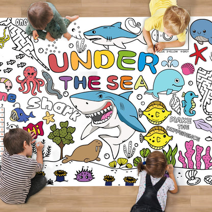 PURPLIZATION Under The Sea Party Decorations Coloring Tablecloth & Giant Poster 30x72 Inch - Ocean Theme Kit with Treasure Hunt Game, Sea Animal