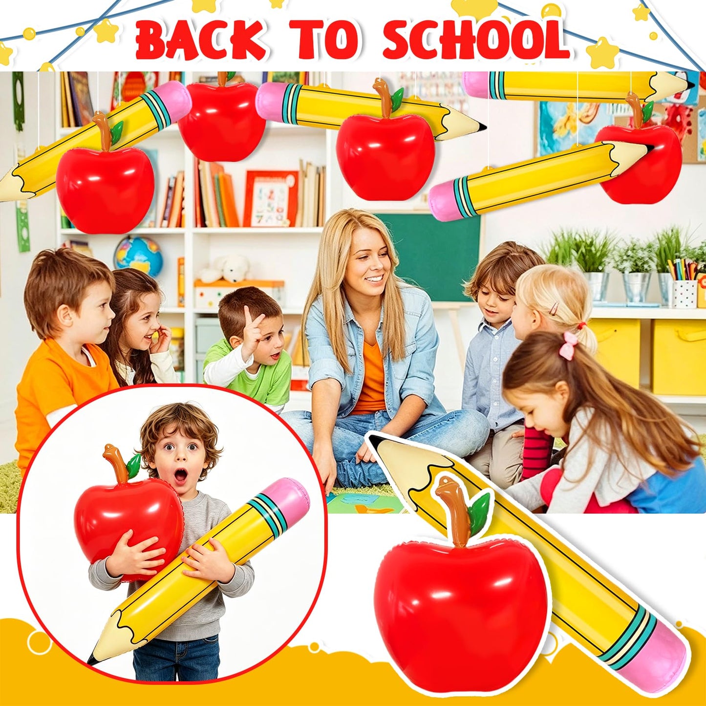 8 Pcs Large Inflatable Apple Pencil Balloons,Back to School Pencils and Fruits Balloon Decoration for Classroom,First Day of School Ceiling Hanging