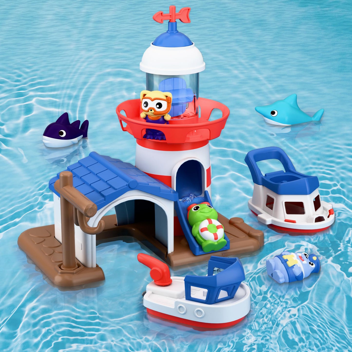 iPlay, iLearn Bath Toys for Toddlers 2-4, Kids Lighthouse Bathtub Shower Toy Set, Wind up Swimming Boat, Baby Bathtime Floating Fish Water Play, Fun