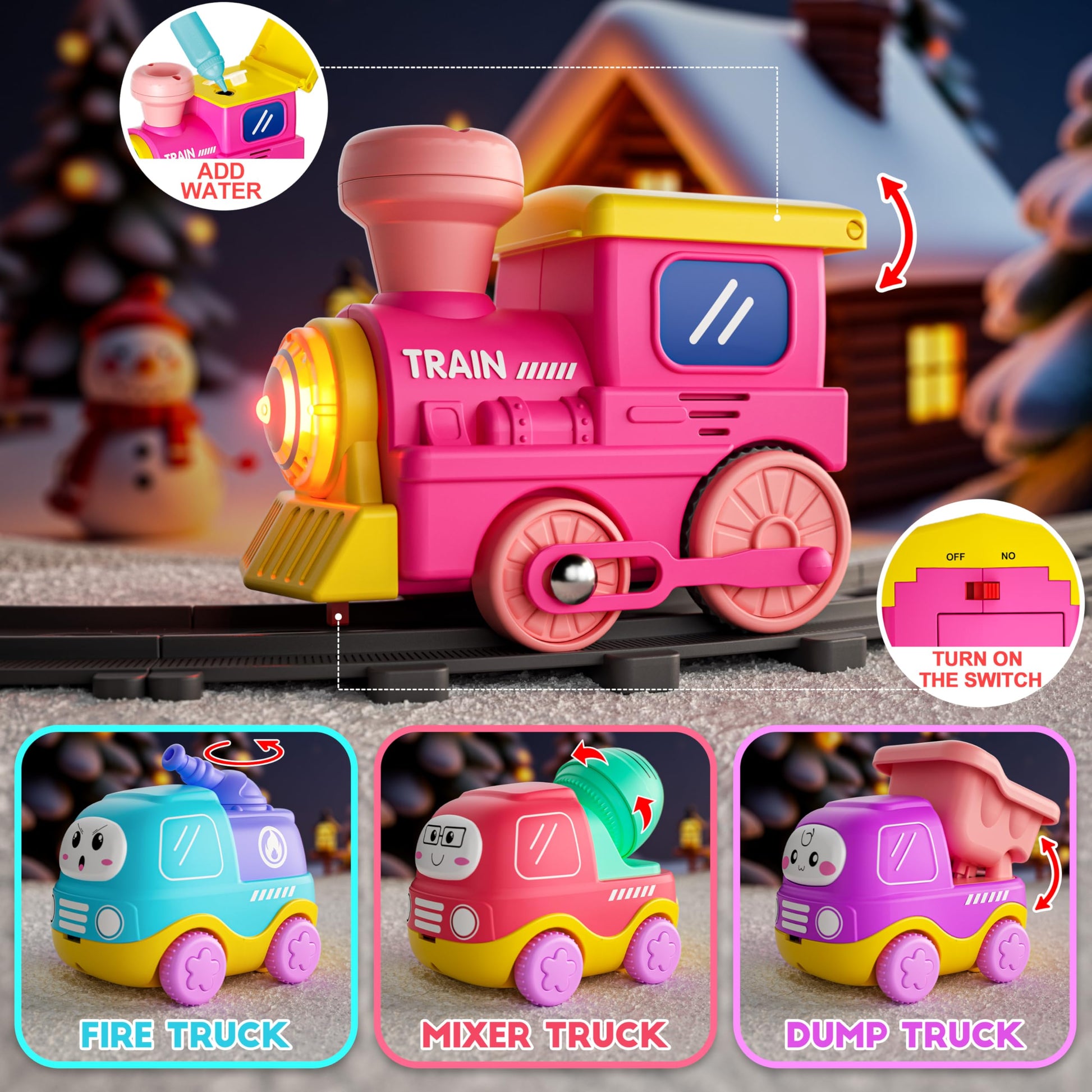 Funwee Steam Track Train Set for Toddlers, Magnetic Connection Train Toys w/Lights & Sounds, Electric Cartoon Choo Choo Train, Toy Train Christmas