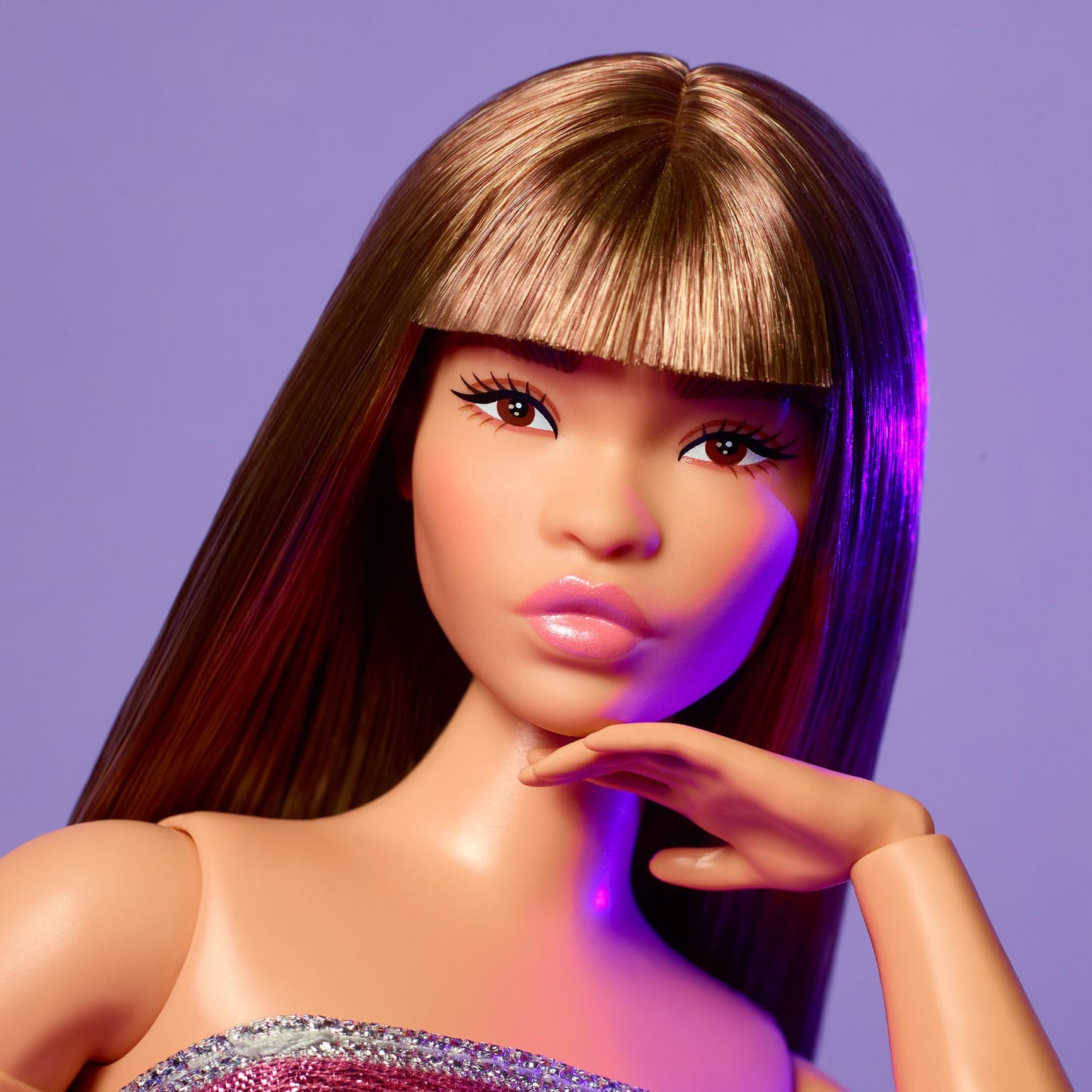 Barbie Looks Doll, Collectible No. 24 with Brown Hair & Modern Y2K Fashion, Shimmery Pink Strapless Dress with Peep-Toe Heels