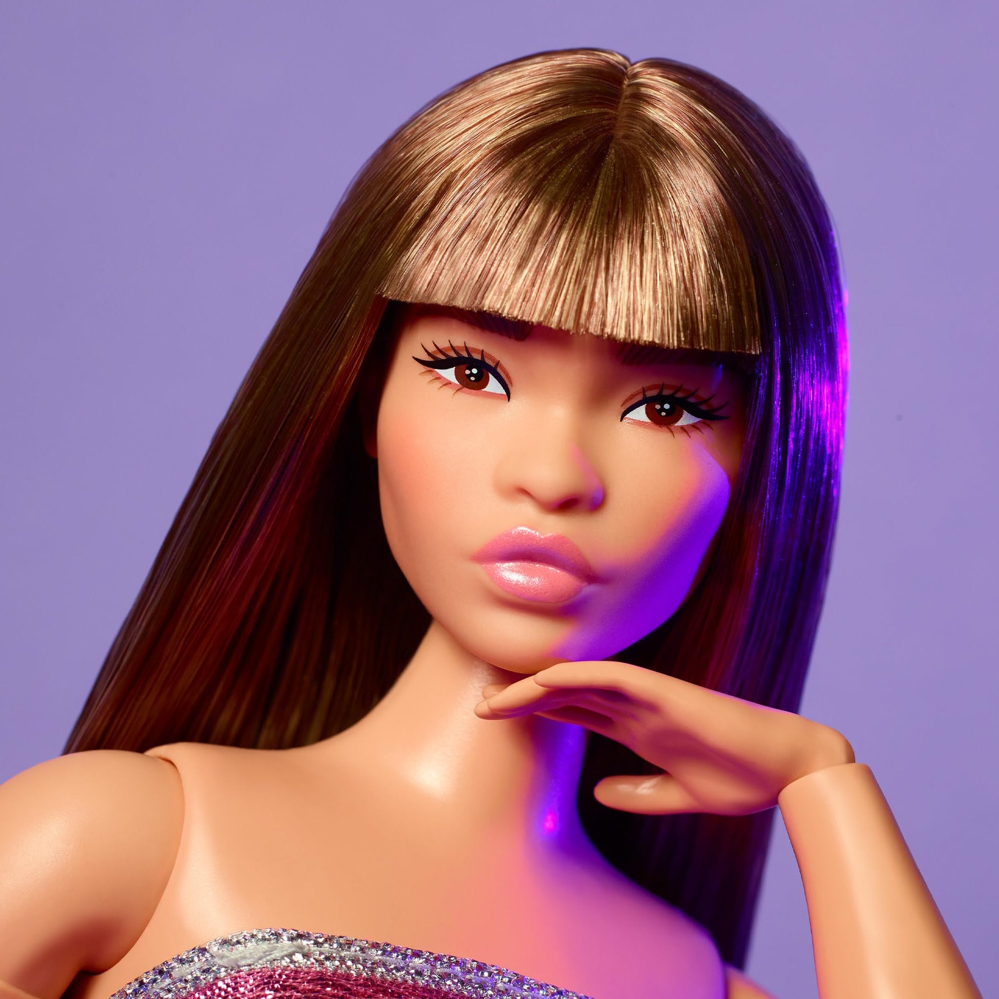 Barbie Looks Doll, Collectible No. 24 with Brown Hair & Modern Y2K Fashion, Shimmery Pink Strapless Dress with Peep-Toe Heels