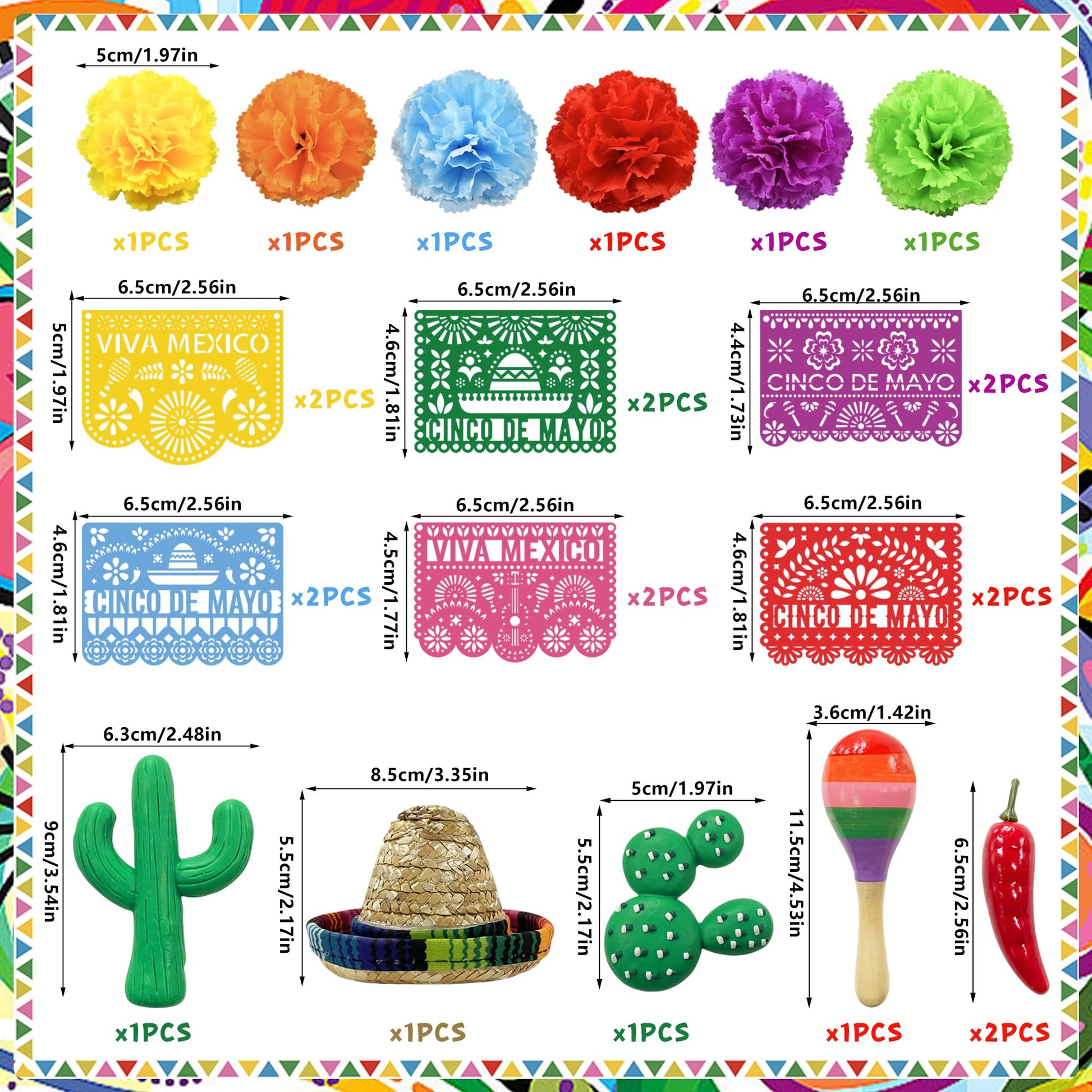 25 PCS Mexican Fiesta Cake Topper Mini Mexican Papel Picado Banner Cactus Pepper Sombrero and Flower Cake Decor for Mexican Themed Party Decorations