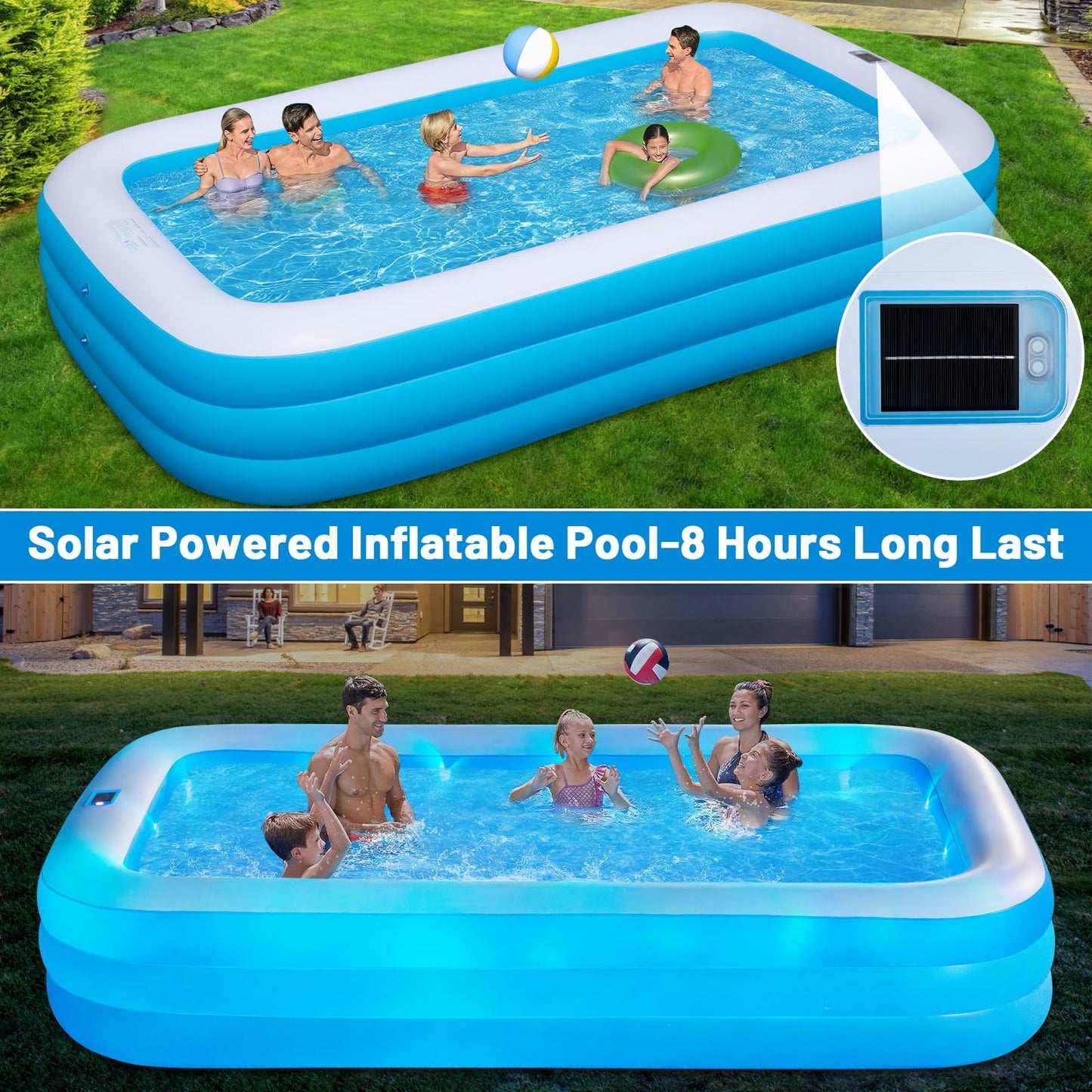 Large Solar Inflatable Pool with Lights, 130"x72"x22" Blow-Up Kiddie Pool with Air PUM, 7 Color Changed Family Swimming Pool for Backyard, Outdoor