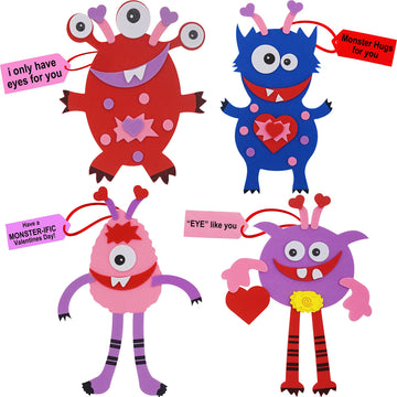 4E's Novelty Valentines Monster Craft Ornament (12 Pack) Foam Valentines Day Crafts for Kids Classroom DIY Valentines Day Card for Kids Bulk