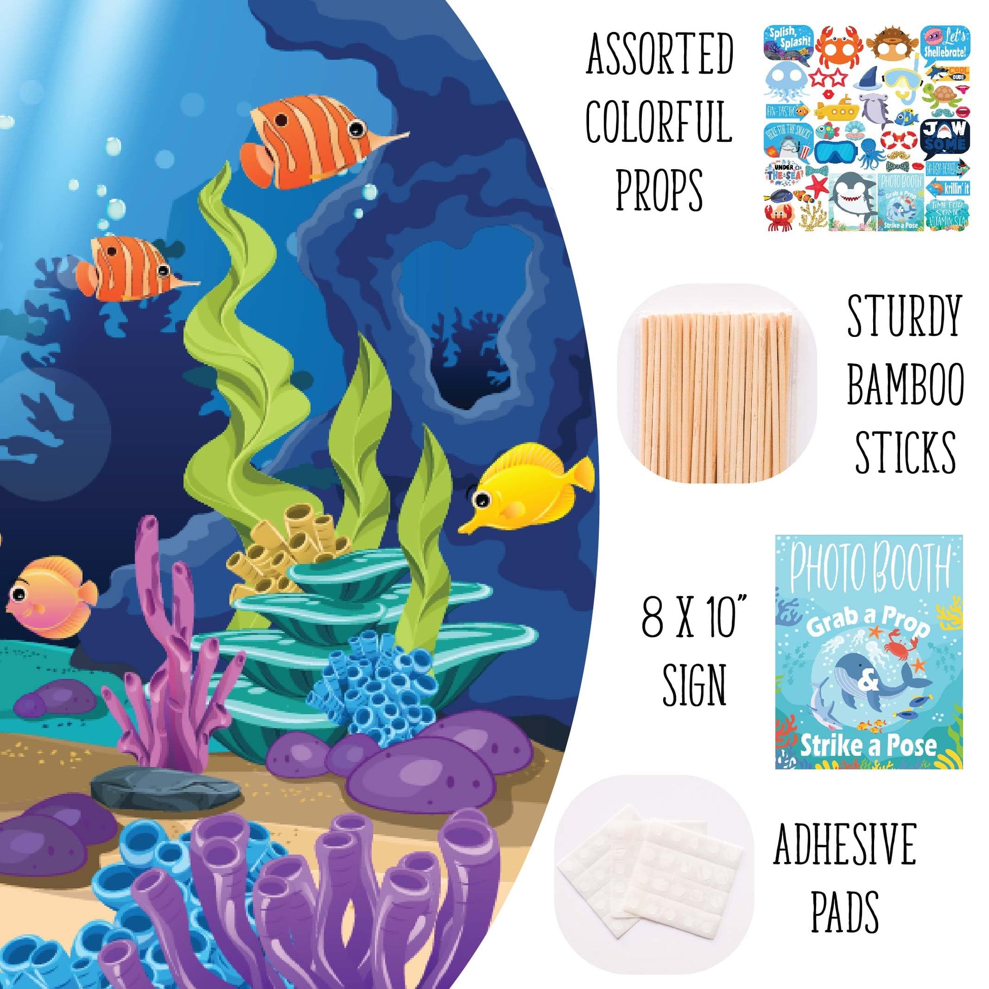 Under the Sea Photo Booth Props - 41-pc Photobooth Kit with 8 x 10-Inch Sign, 60 Adhesive Pads, 45 Sticks - Under the Sea Decorations - Under the Sea