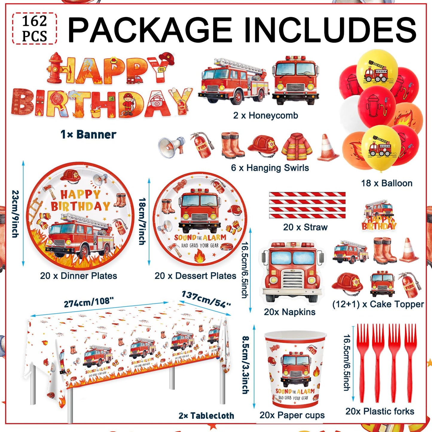 162pcs Firetruck Birthday Party Supplies Fire Truck Plates Napkins Serve 20
