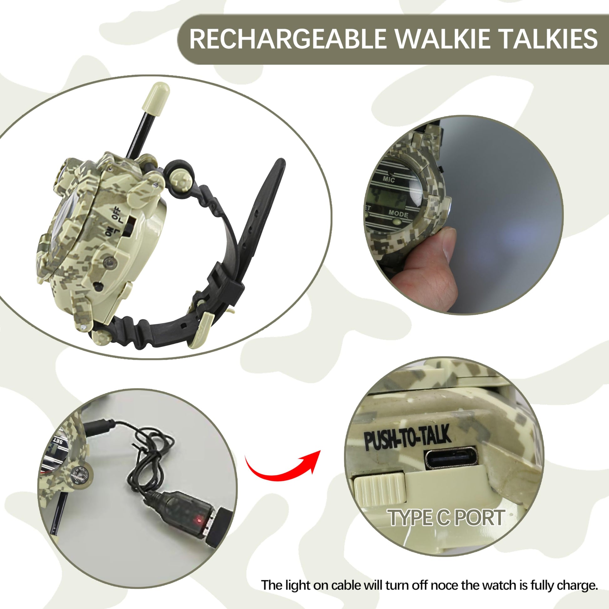 Walkie Talkie for Kids,Rechargeable Spy Walkie Talkies Watch Army Toys Gifts for Children,Two-Way Radio Walky Talky Watches with Flashlight Children