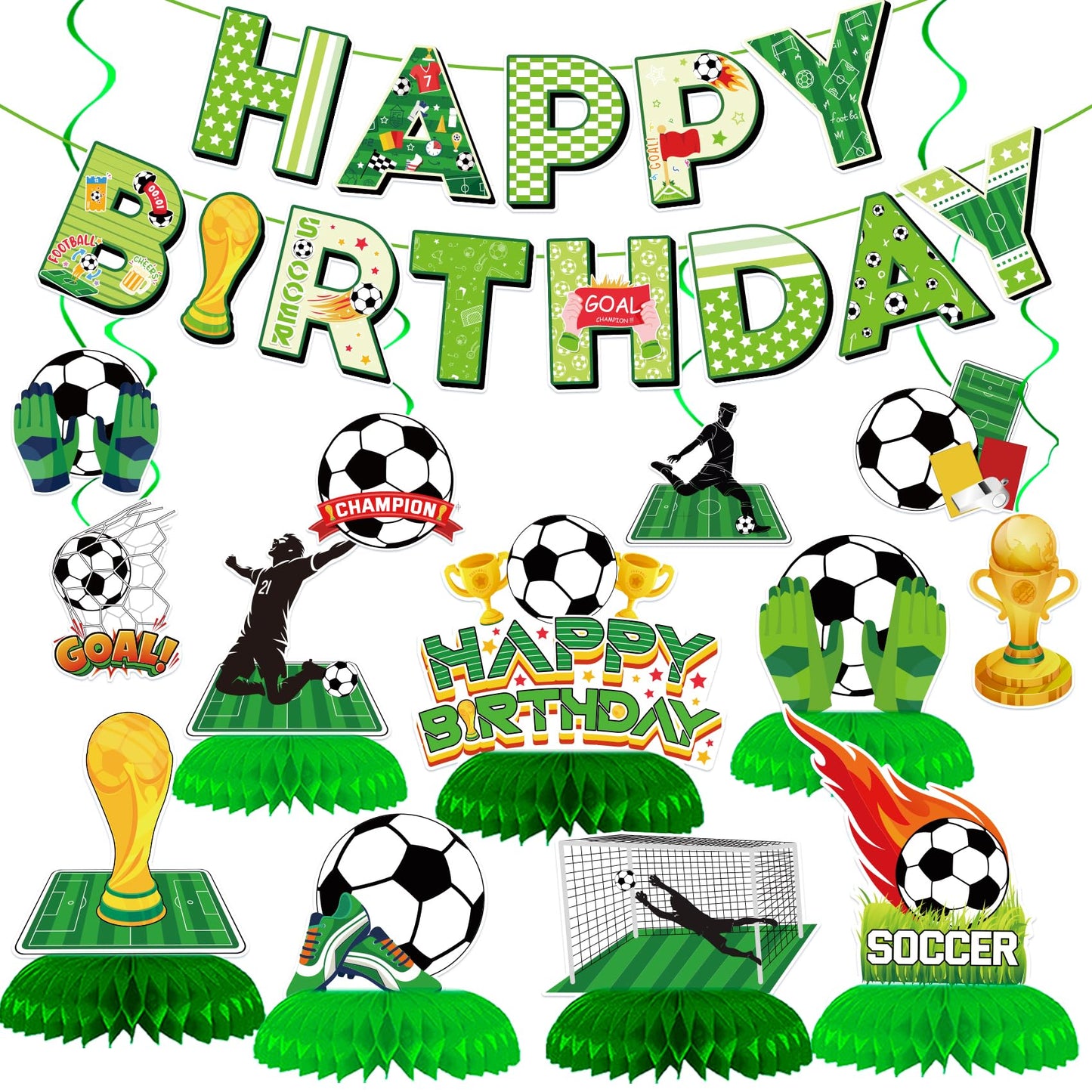 Soccer Birthday Party Decorations - Soccer Party Decorations Includes Happy Birthday Banner Soccer Hanging Swirls Honeycomb Centerpieces for Girls
